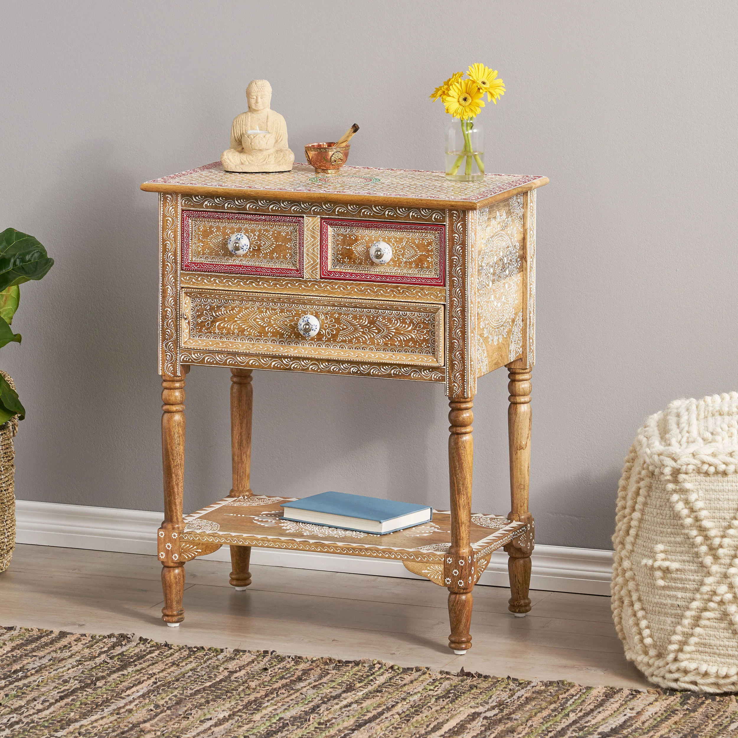 Leverick Handcrafted Boho 3 Drawer Mango Wood End Table - furnishings