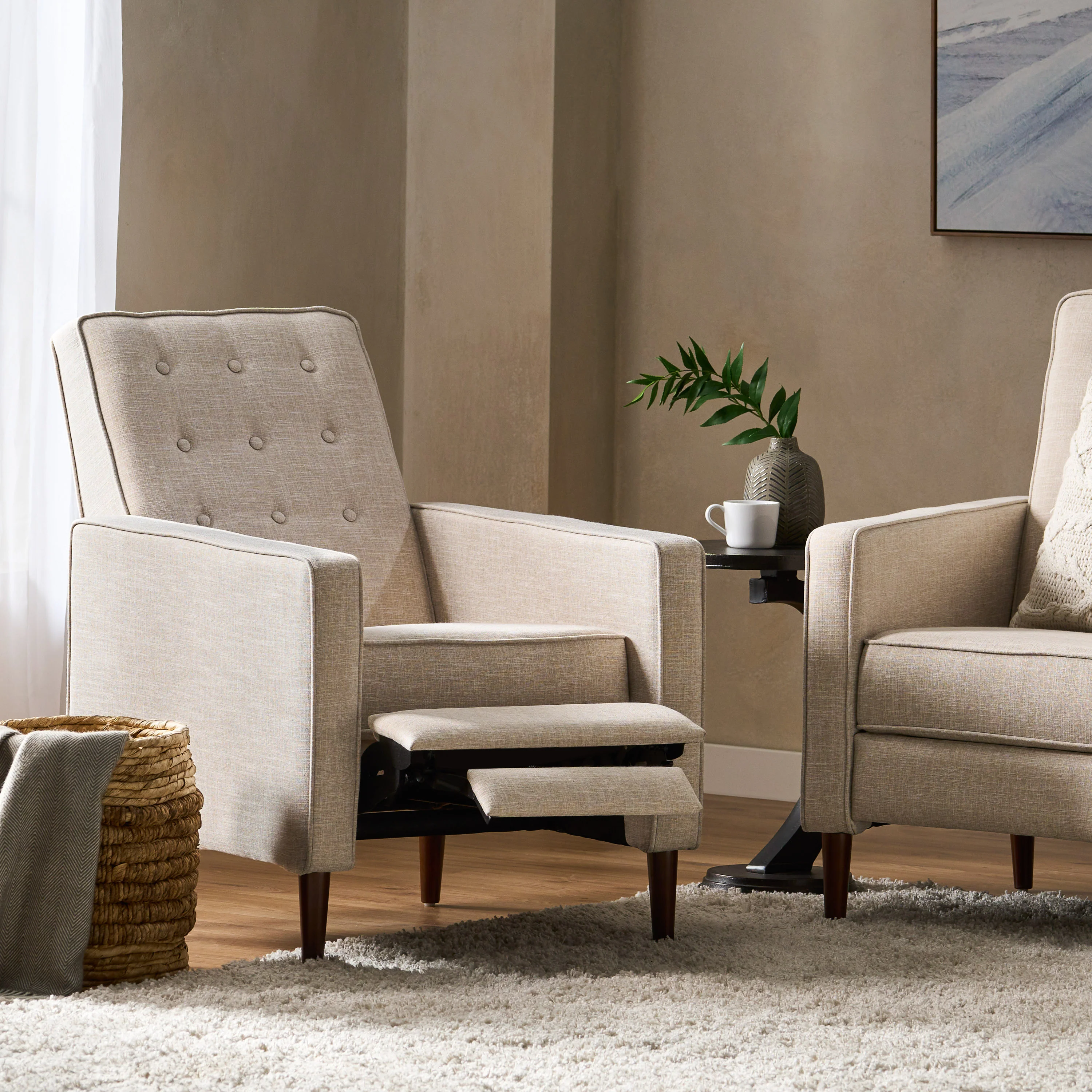 Macedonia Mid Century Modern Tufted Back Fabric Recliner - furnishings