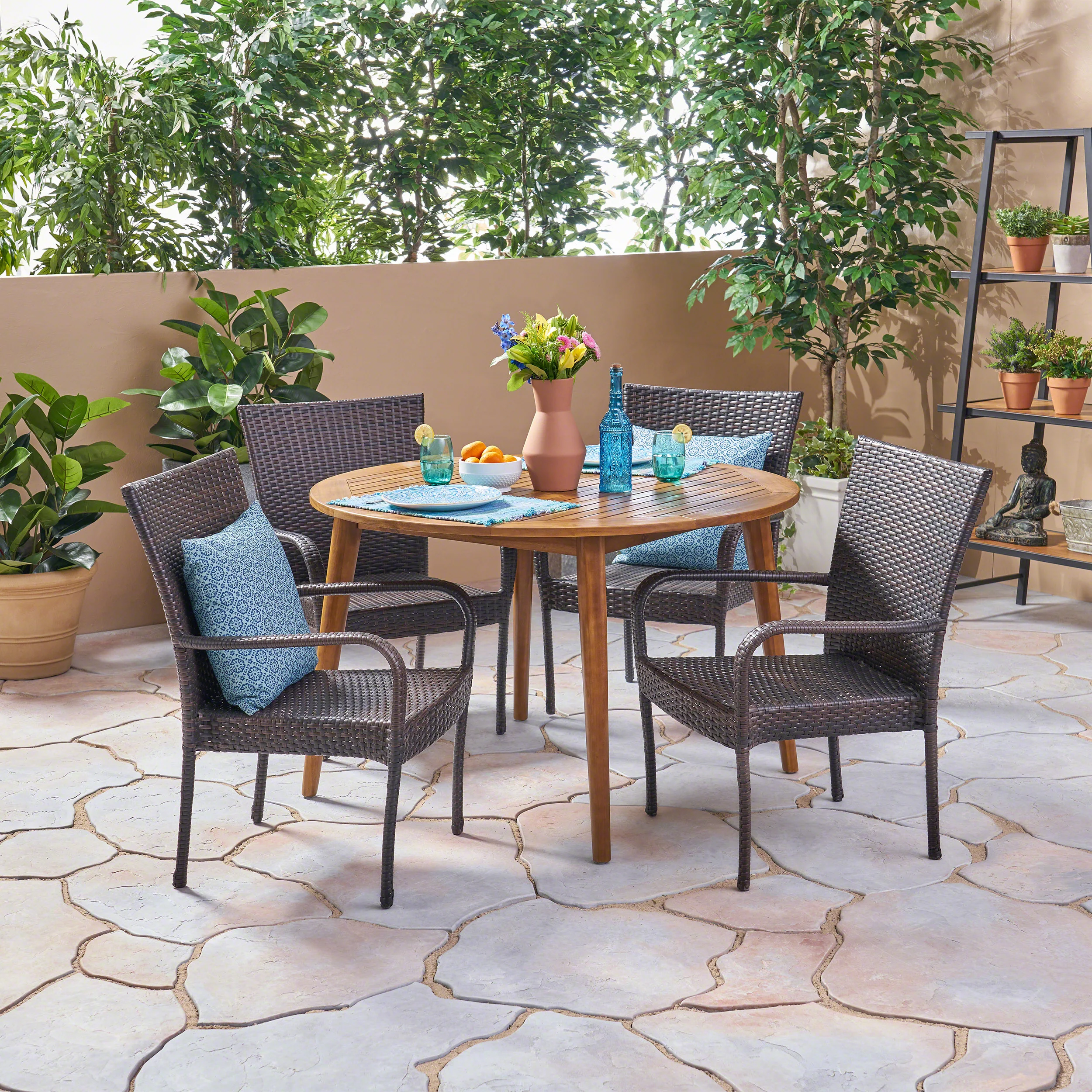 Ivey Outdoor 5 Piece Wood and Wicker Dining Set - furnishings