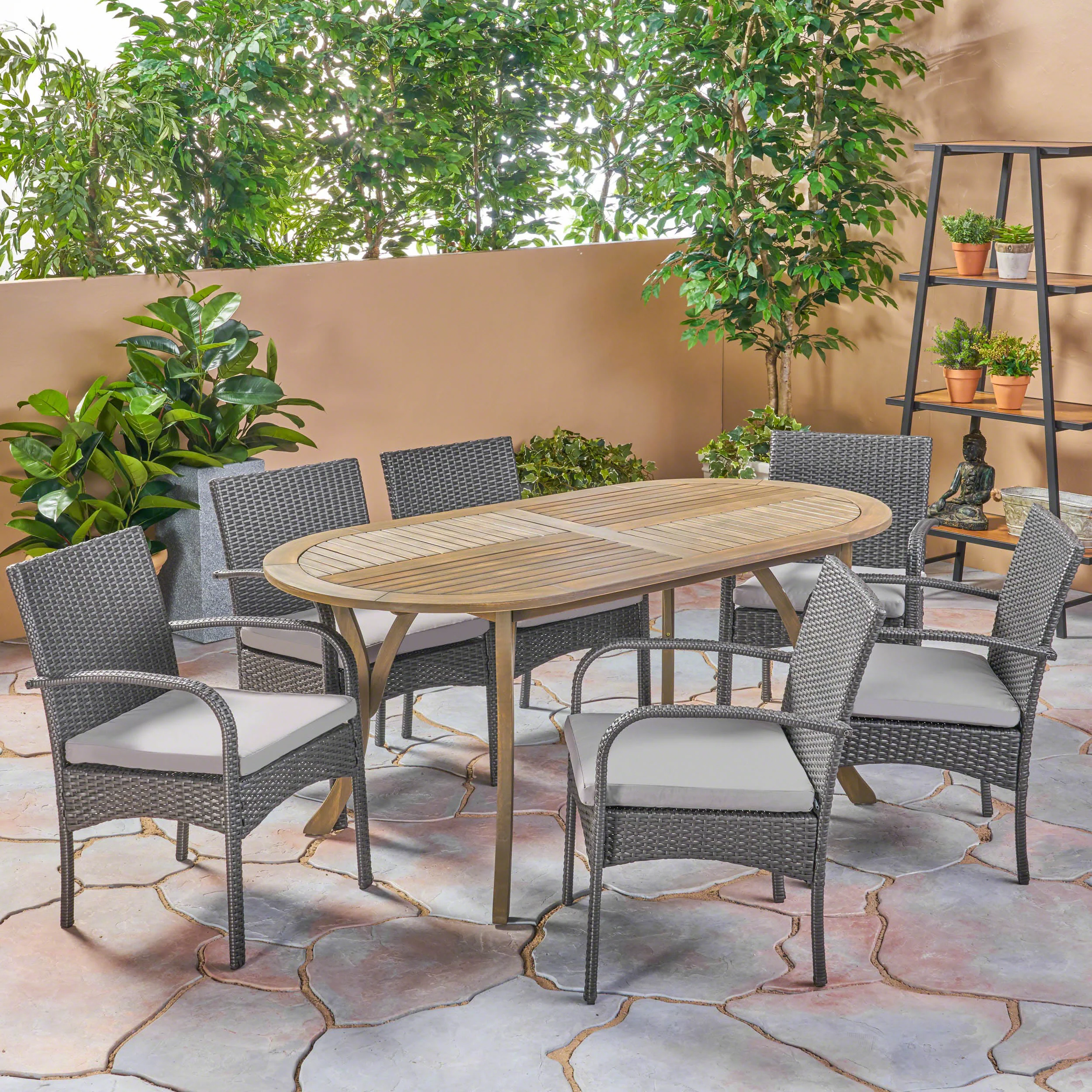 Isla Outdoor 7 Piece Wood and Wicker Dining Set, Gray Finish and Gray - furnishings