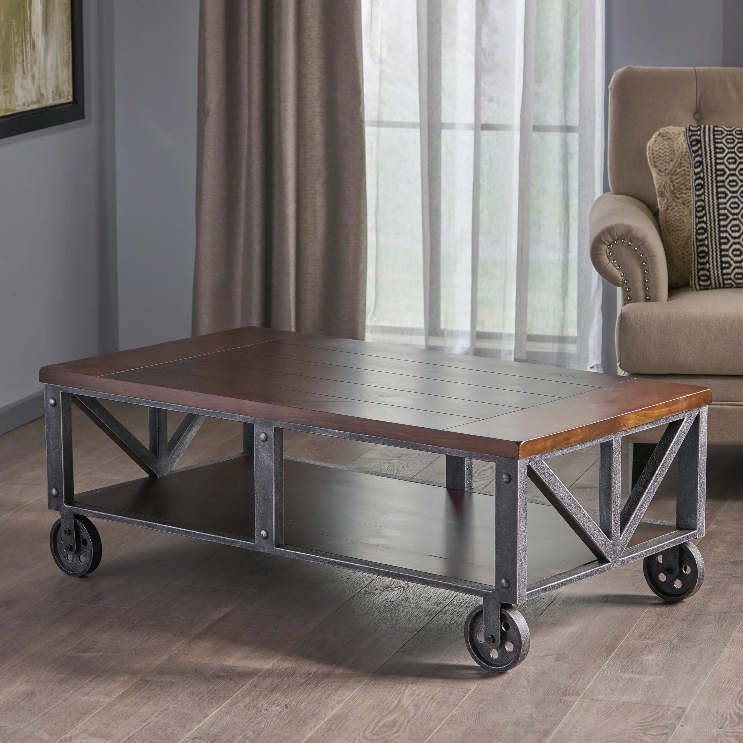 Dresden Industrial Faux Wood Coffee Table with Antique Black Iron Frame - furnishings