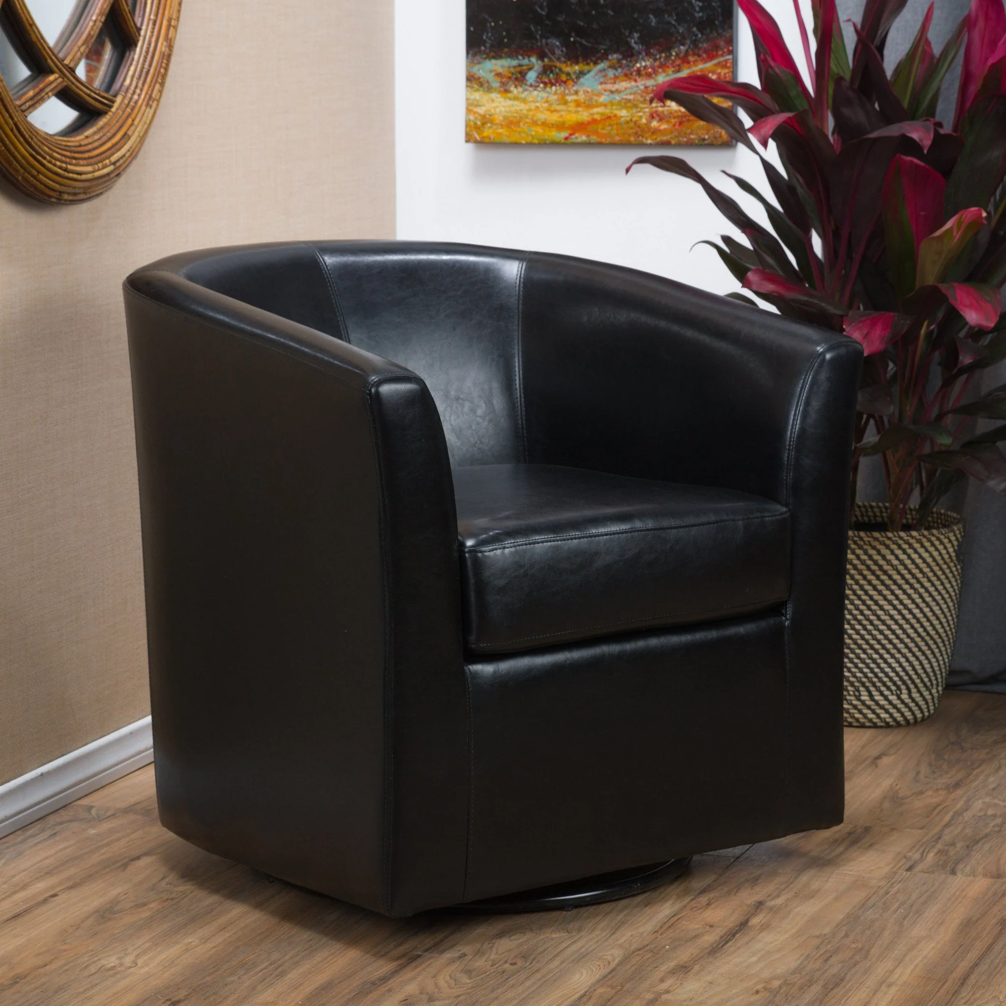 Corley Modern Upholstered Faux Leather Swivel Barrel Club Chair - furnishings