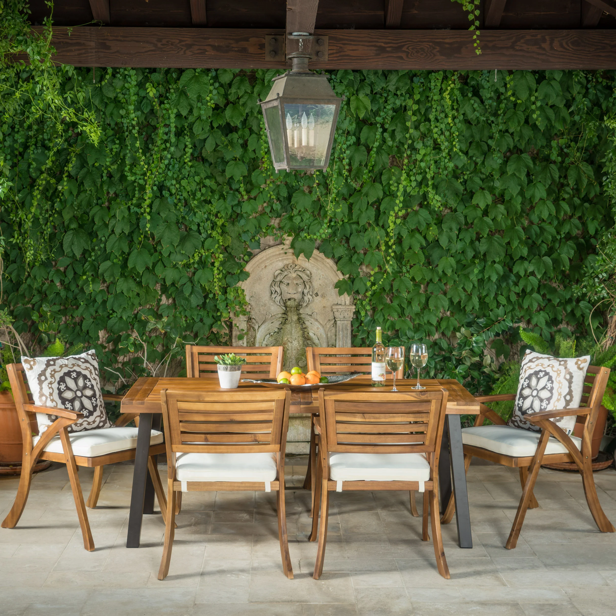 DeSoto 7 Piece Teak Finish Acacia Wood Patio Dining Set - furnishings