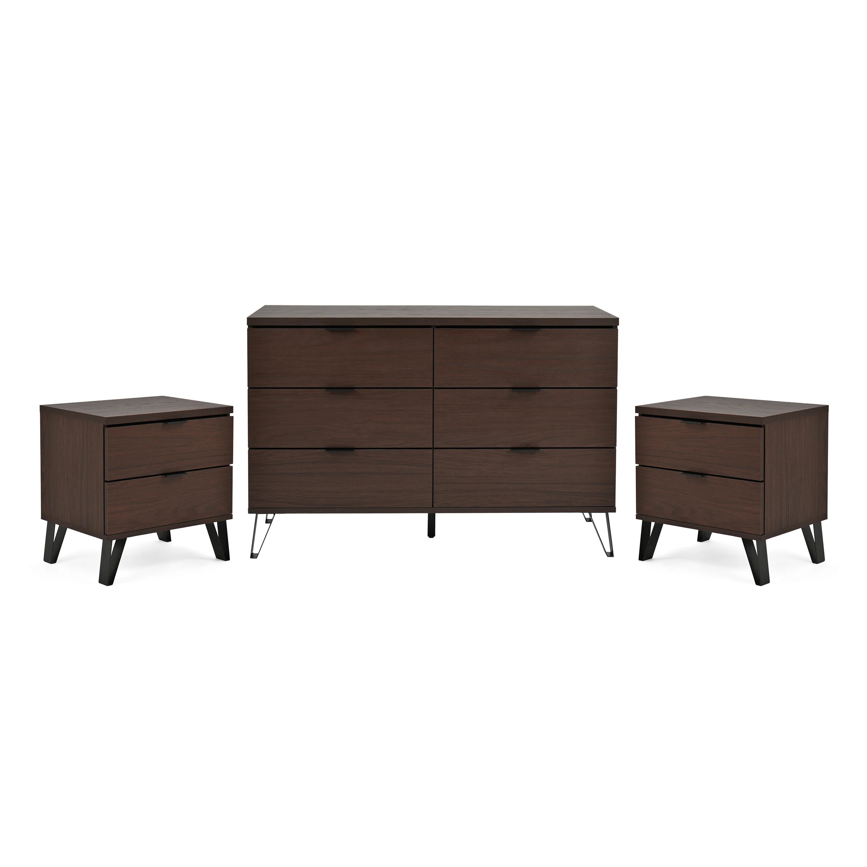 Demijen Modern Industrial 3 Piece Double Dresser and Nightstand Bedroom Set, Walnut and Matte Black - furnishings