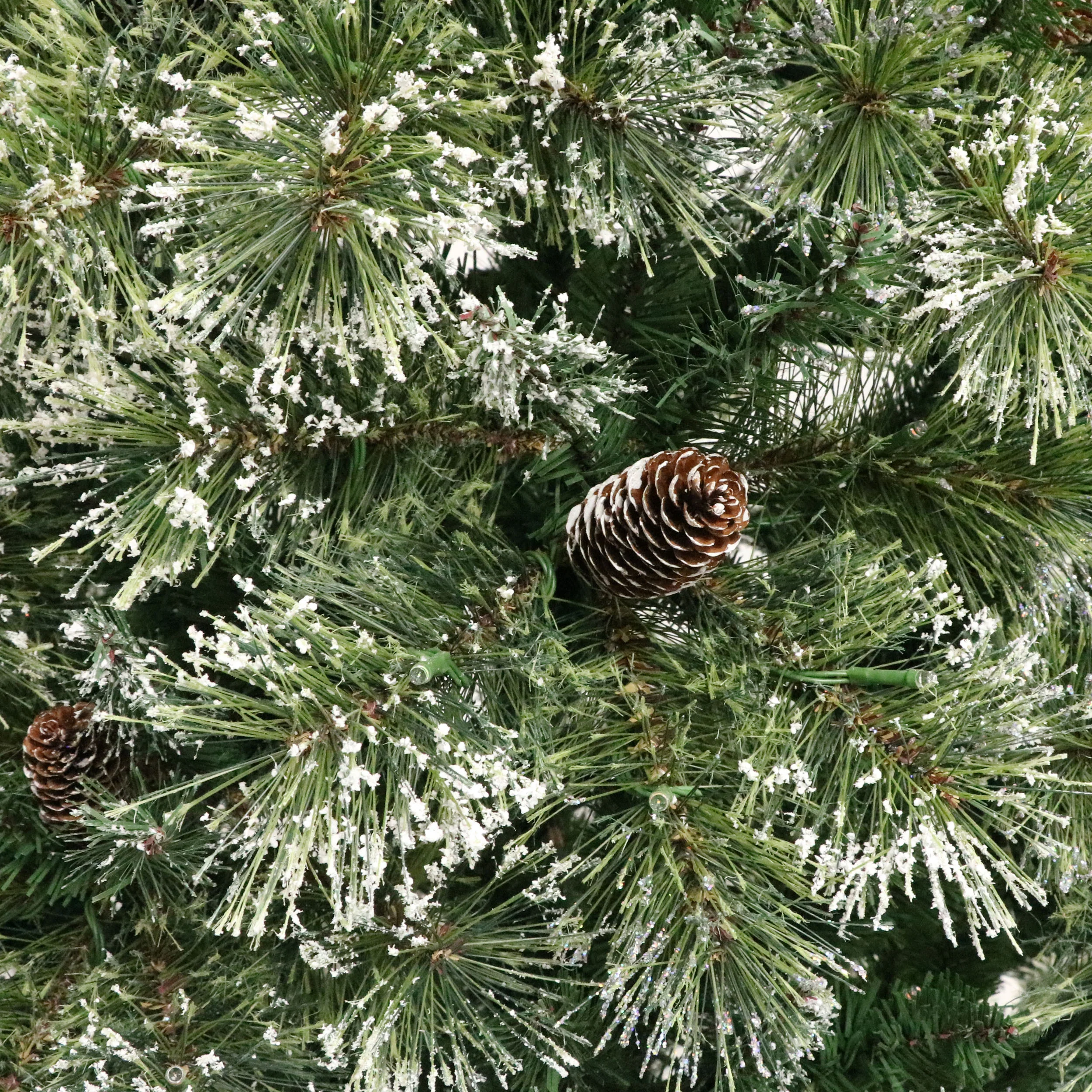 7-foot Cashmere Pine and Mixed Needles Pre-Lit Clear LED Hinged Artificial Christmas Tree with Snow and Glitter Branches and Frosted Pinecones - furnishings