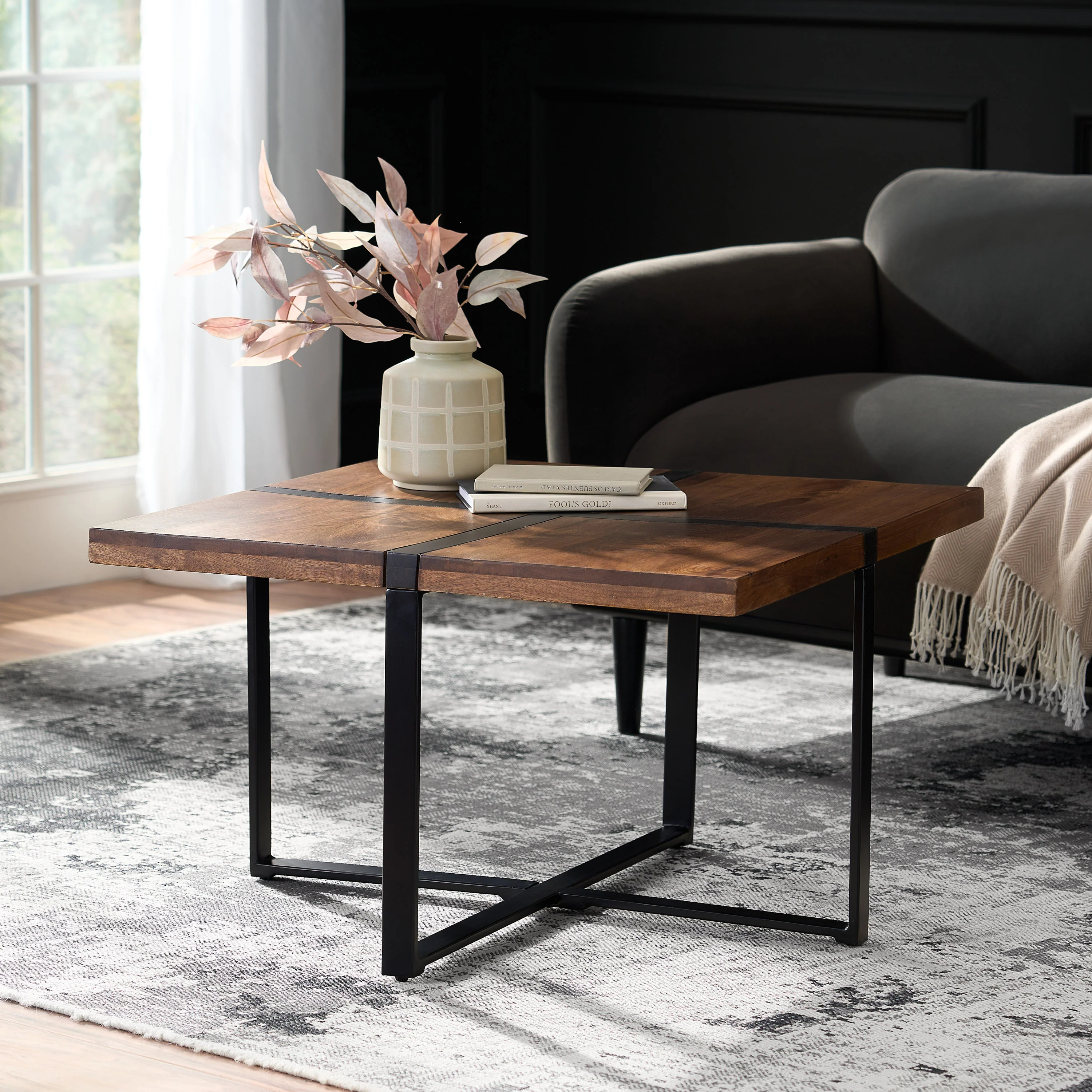 Riverlake Handmade Mango Wood and Iron Square Coffee Table, Walnut Brown and Black - furnishings