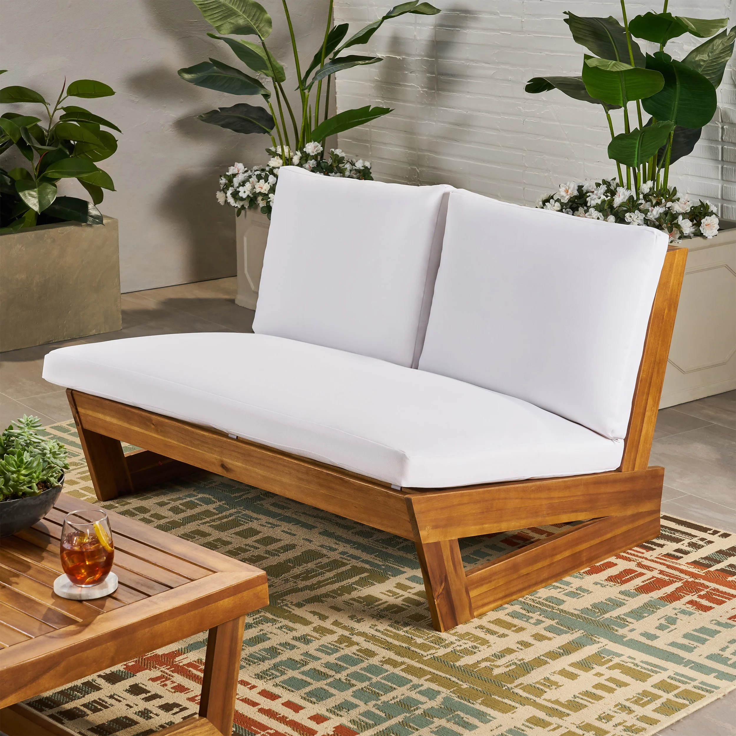 Emma Outdoor Acacia Wood Loveseat with Cushions - furnishings