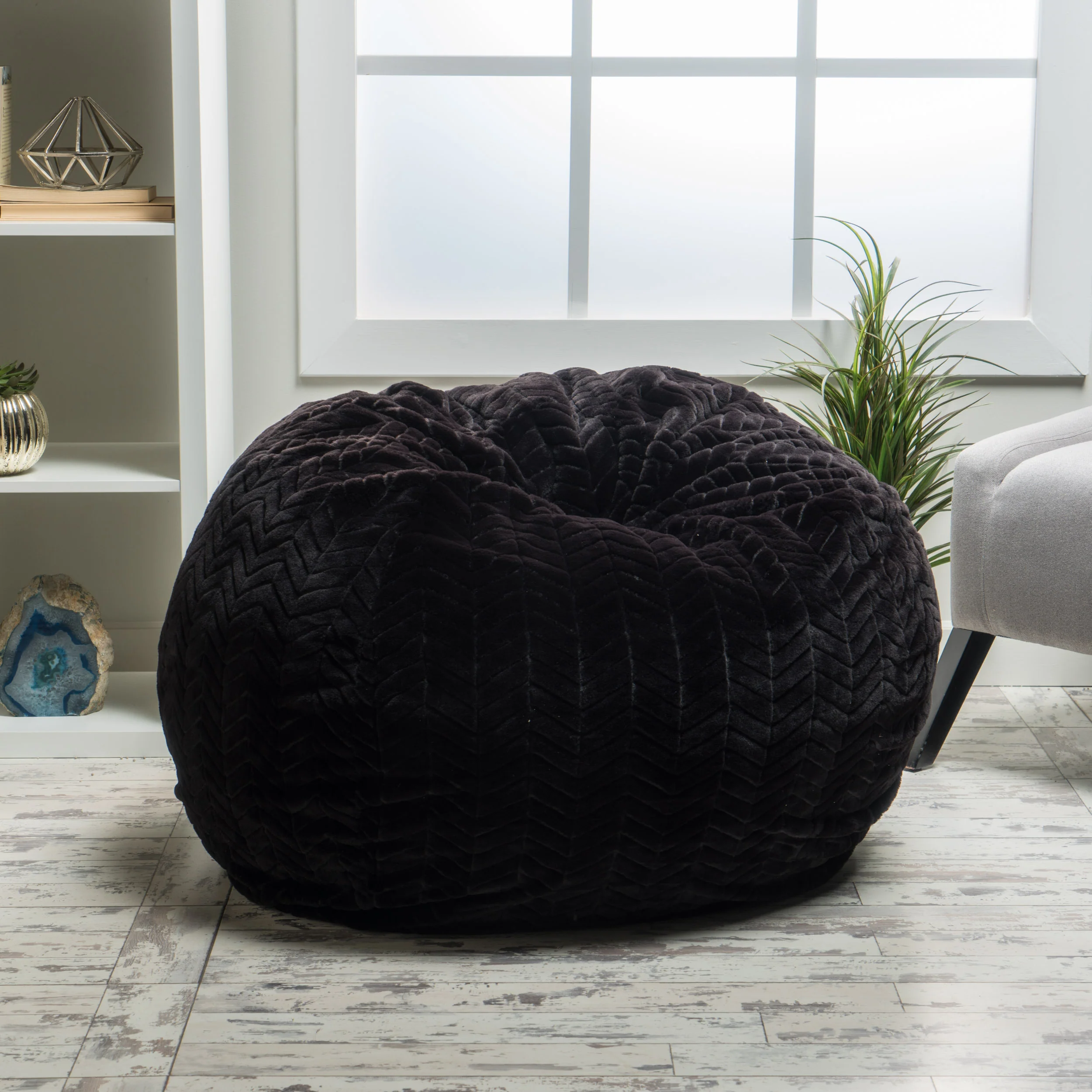 Meridian Modern 3 Ft Chevron Pattern Black Faux Fur Bean Bag - furnishings