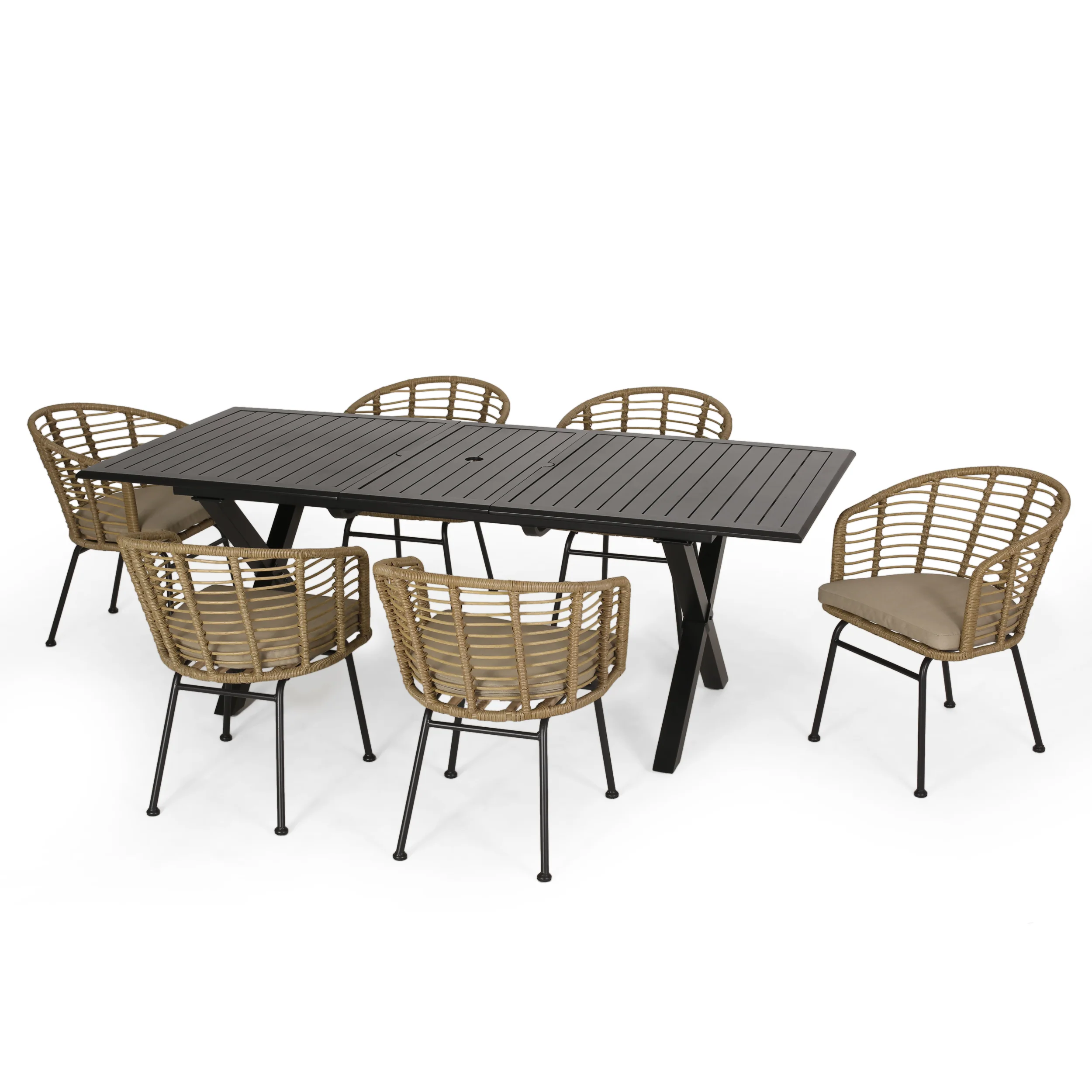 Saragus Outdoor Wicker 7 Piece Dining Set, Light Brown, Matte Black, and Beige - furnishings