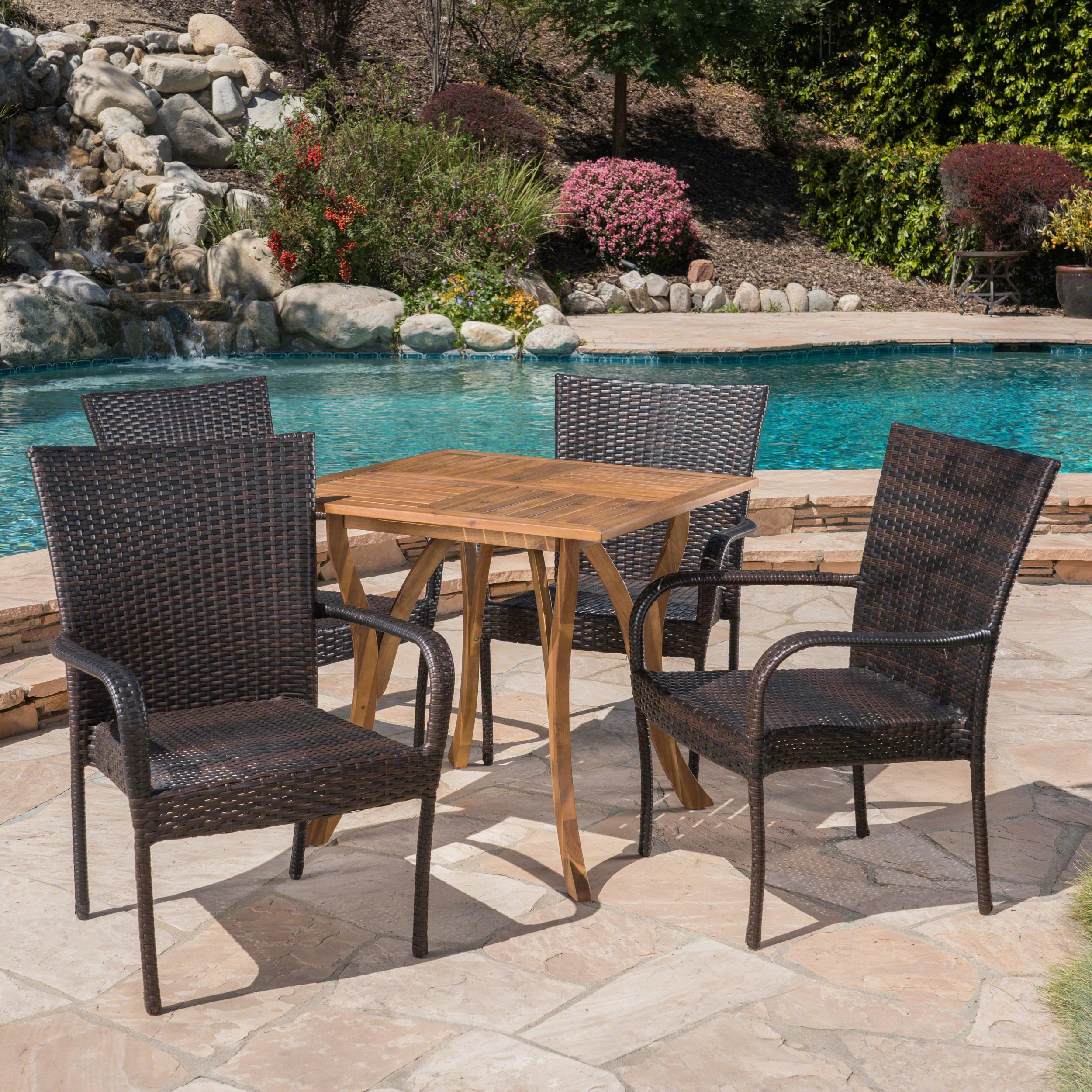 Lebeau Outdoor 5 Piece Acacia Wood/ Wicker Dining Set, Teak Finish and Multibrown - furnishings