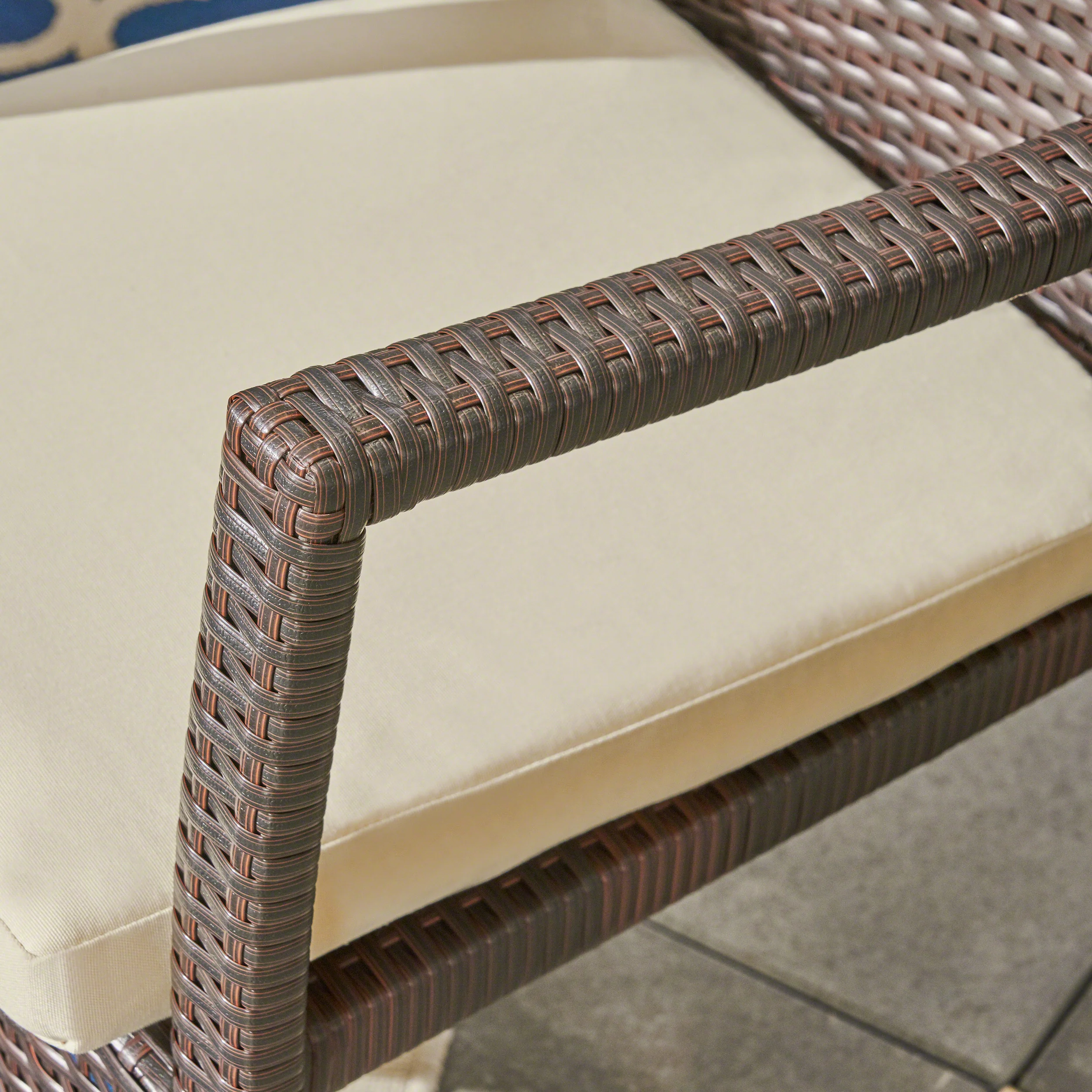Elaine Outdoor 7 Piece Acacia Wood Dining Set with Wicker Chairs, Teak and Brown and Cream - furnishings