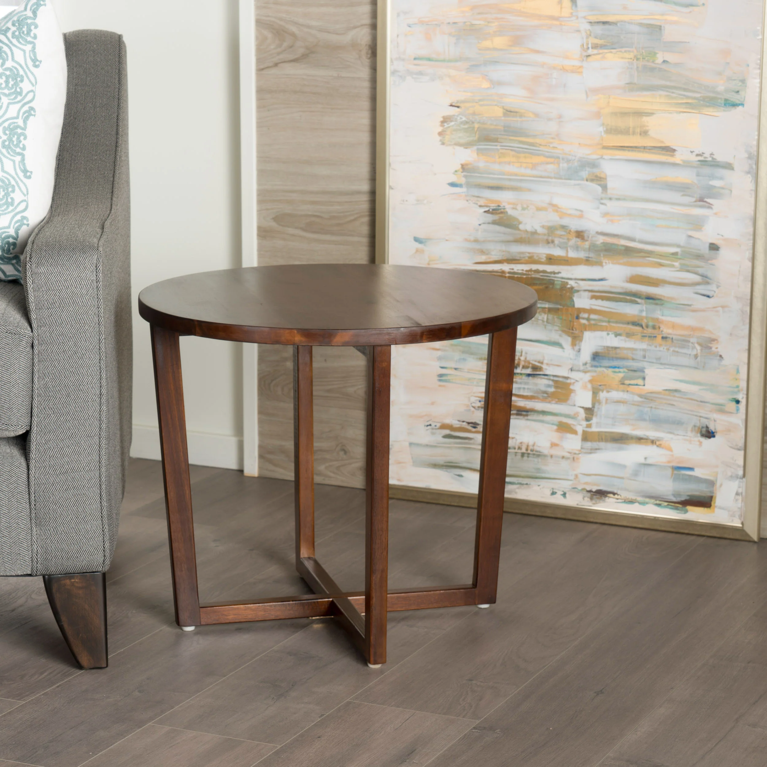 Tanzania Rustic Round Mahogany Acacia Wood End Table with Criss Cross Legs - furnishings
