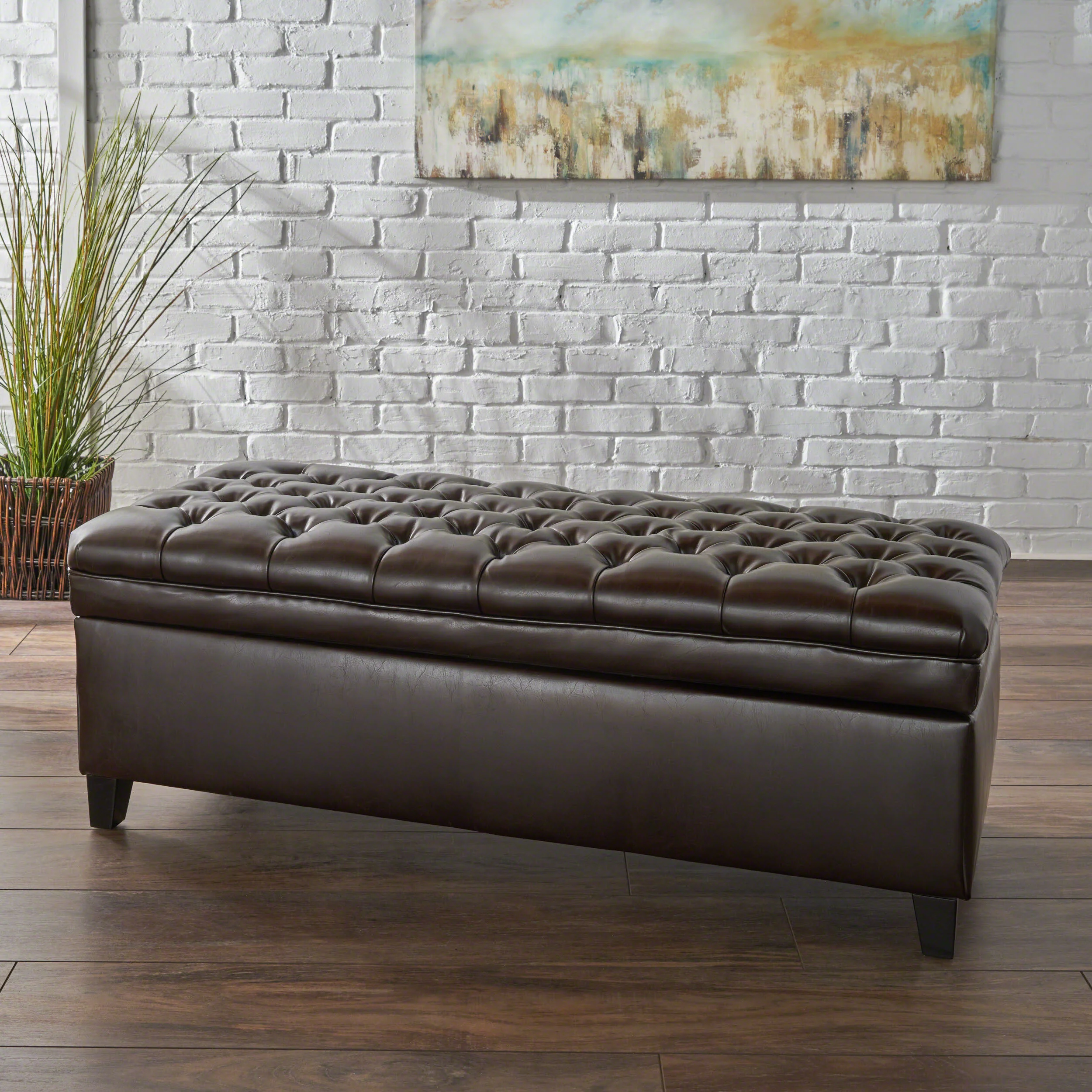 Sheffield Contemporary Button Tufted Brown Faux Leather Storage Ottoman - furnishings