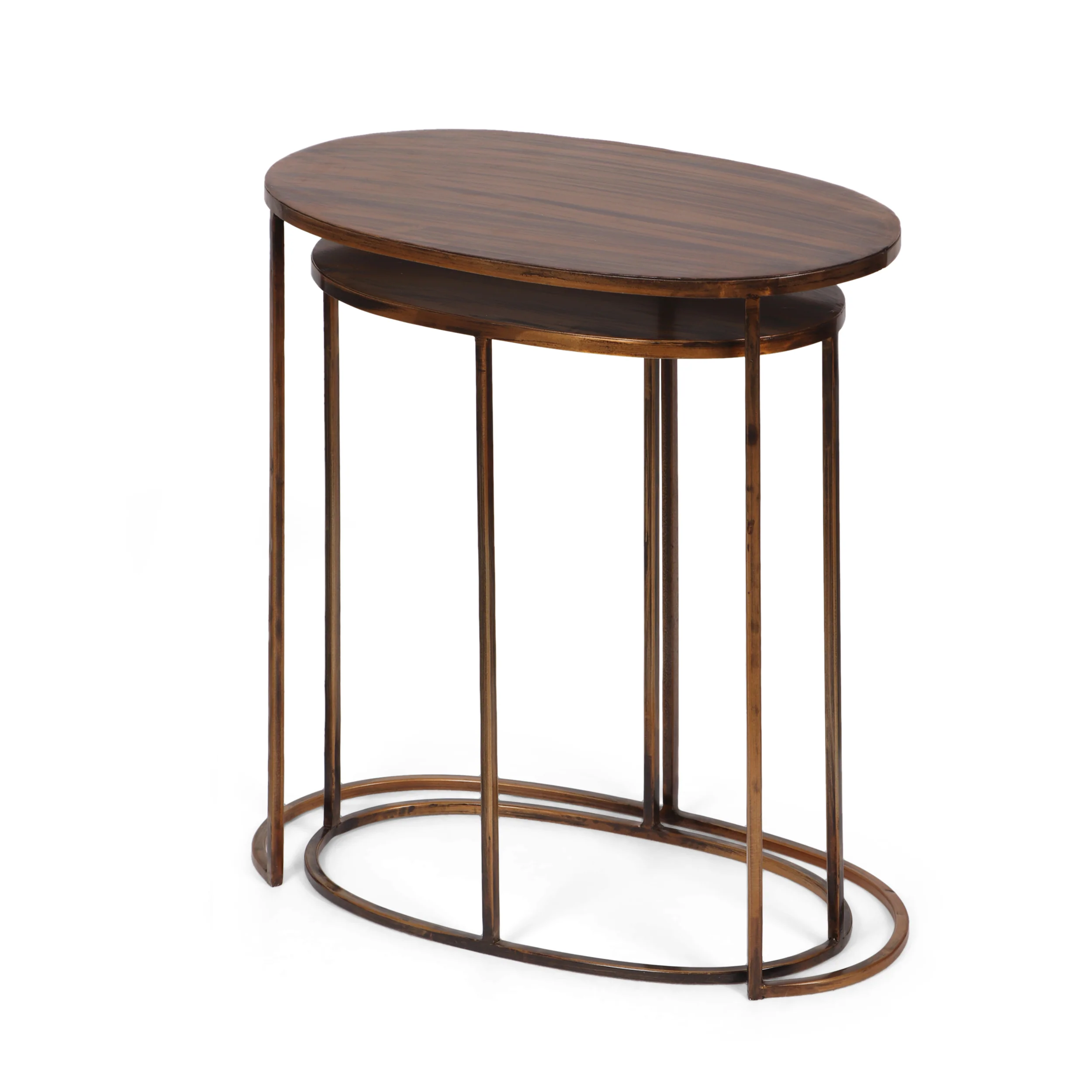 Grewell Boho Handcrafted Metal Oval Nesting Tables, Set of 2, Antique Brass - furnishings