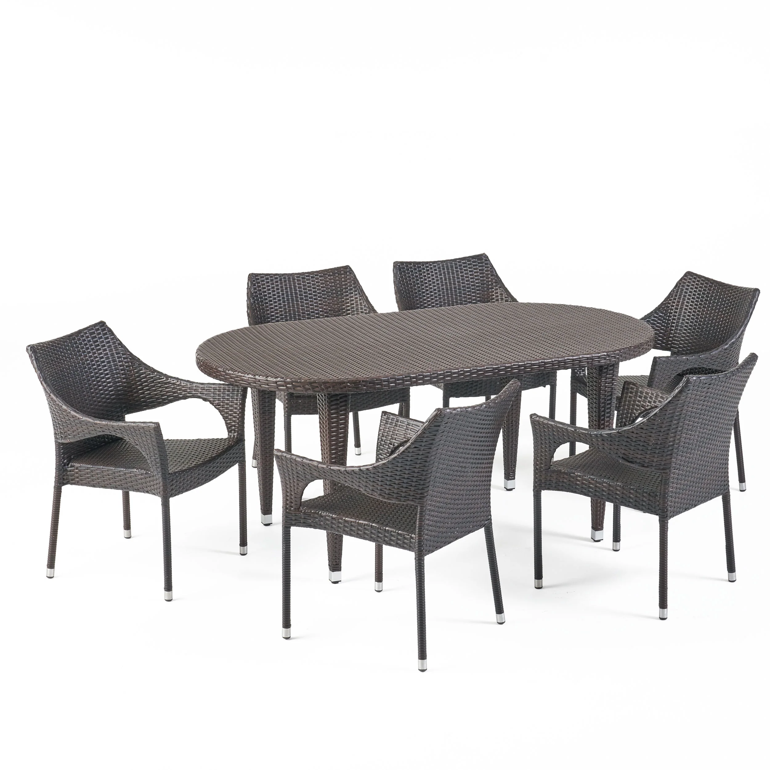 Tannis Outdoor 7 Piece Multi-brown Wicker Oval Dining Set with Stacking Chairs - furnishings
