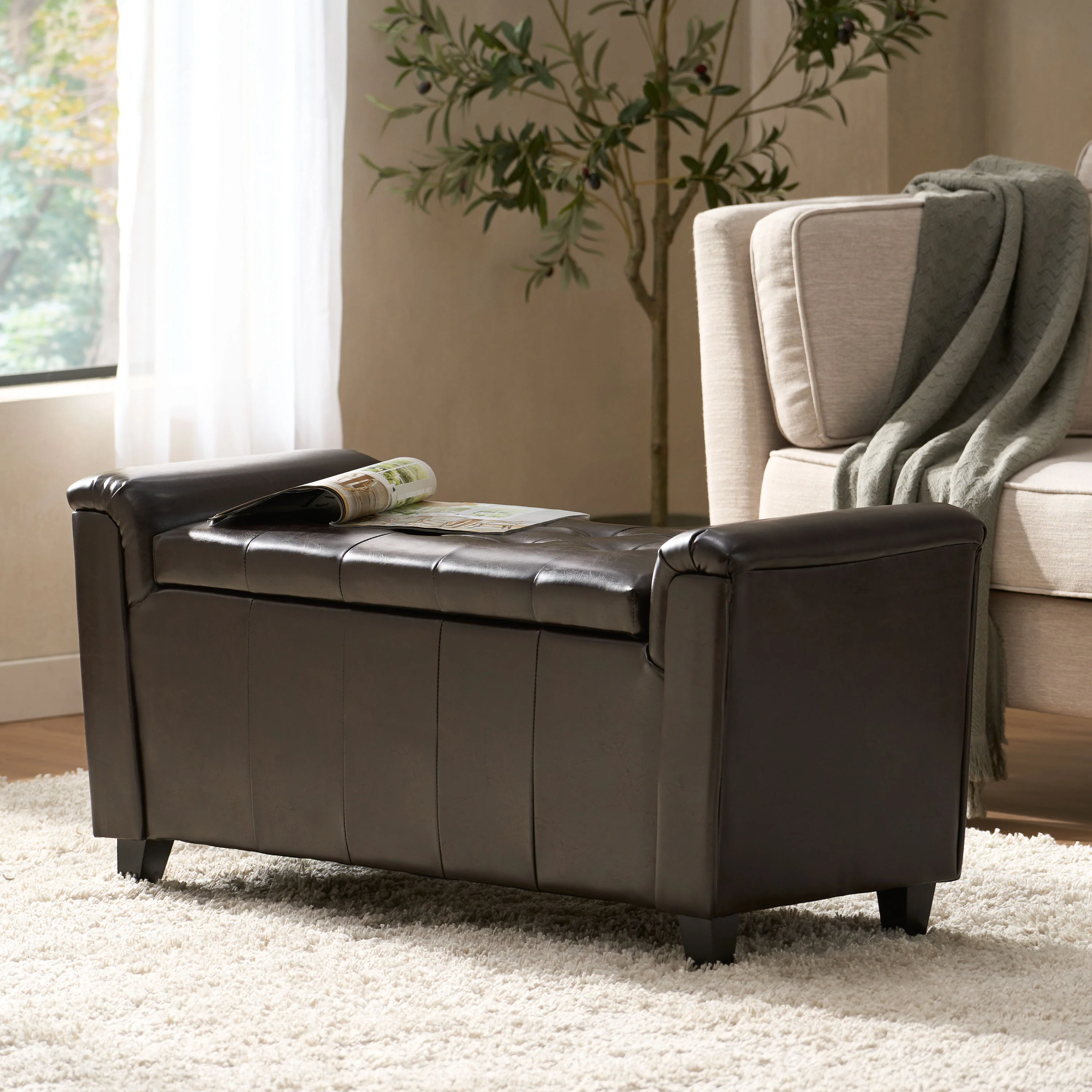 James Brown Tufted Leather Armed Storage Ottoman Bench - furnishings