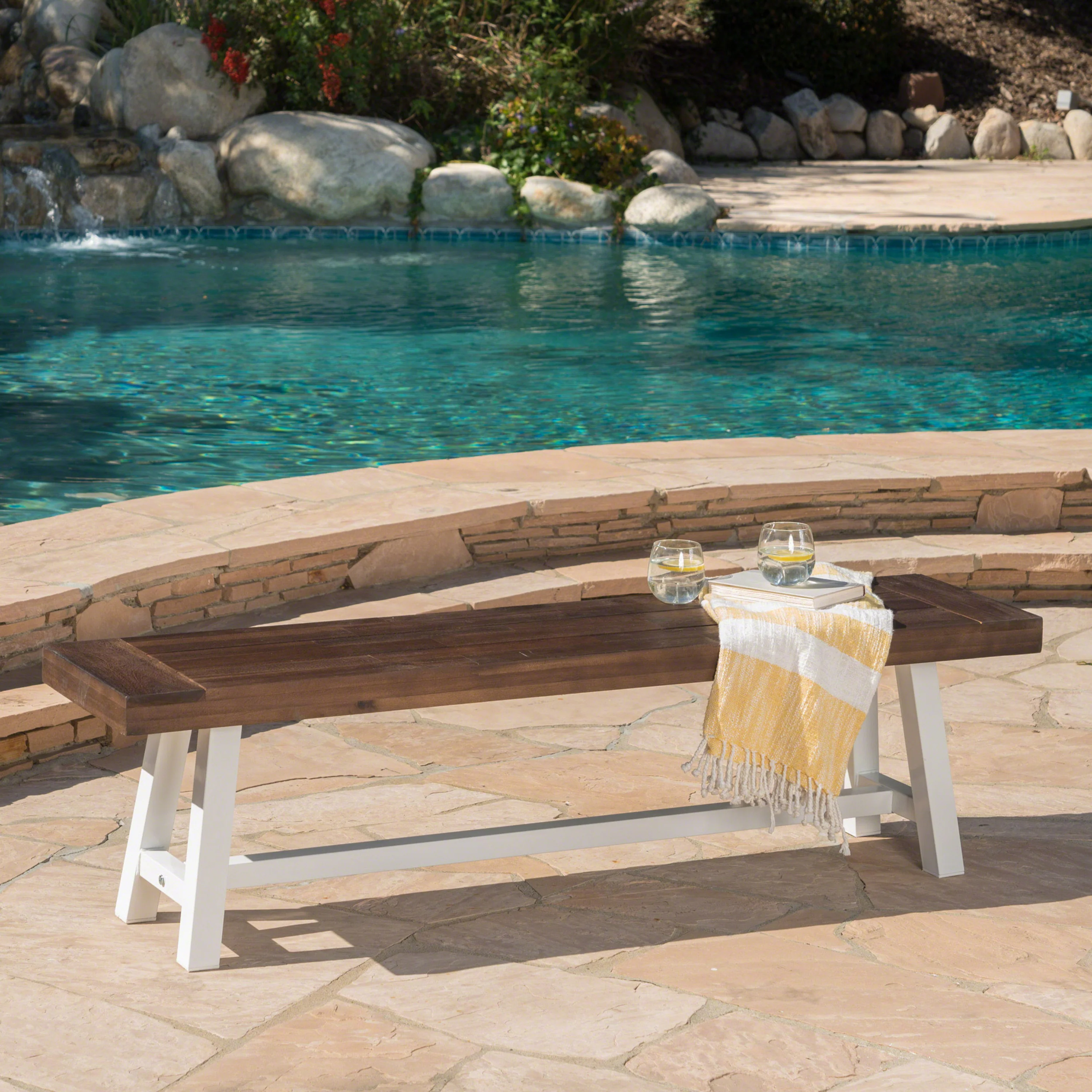 Bowman Outdoor Acacia Wood Dining Bench with Rustic Metal Finish Frame - furnishings
