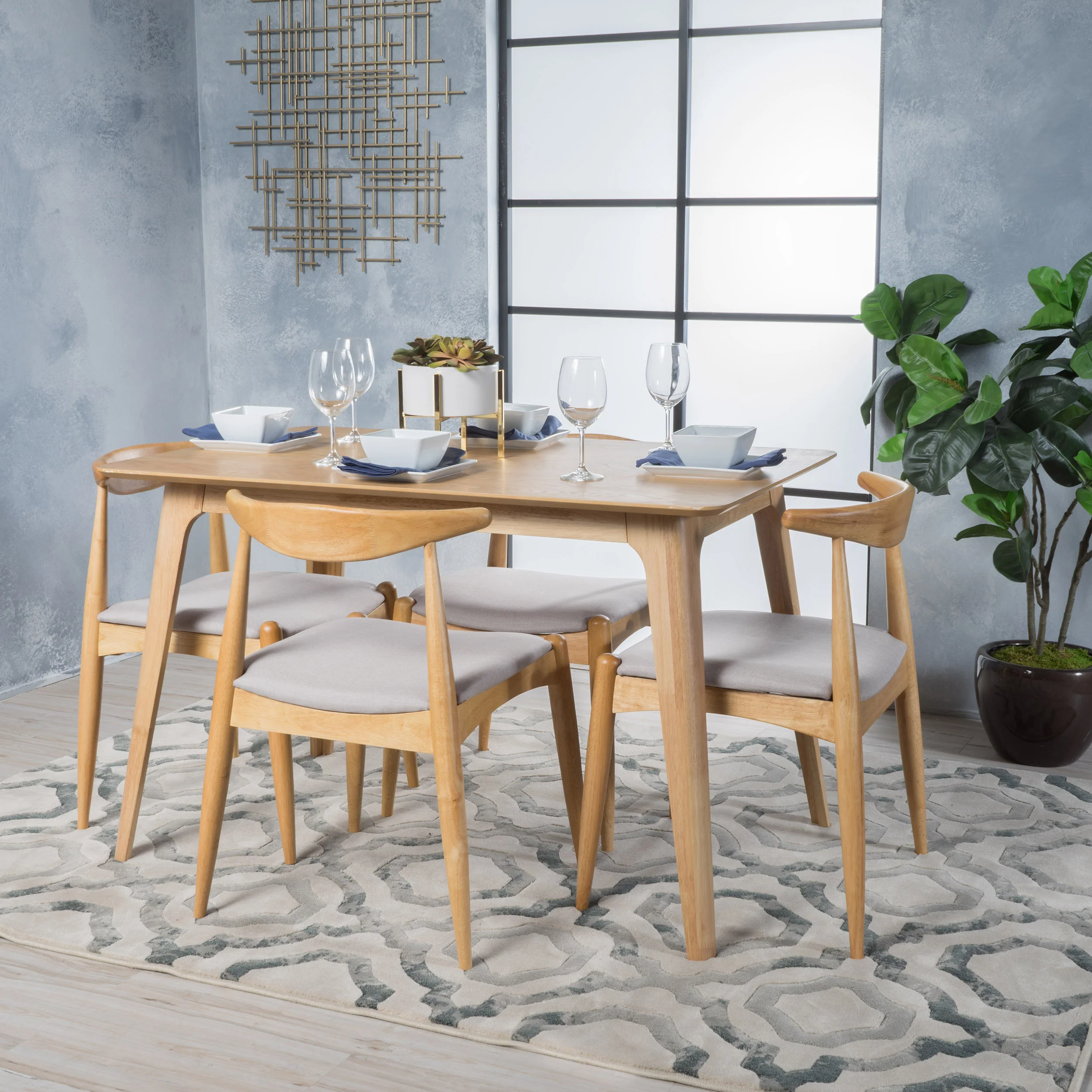Francaise Mid-Century Oak Finish 5 Piece Dining Set - furnishings