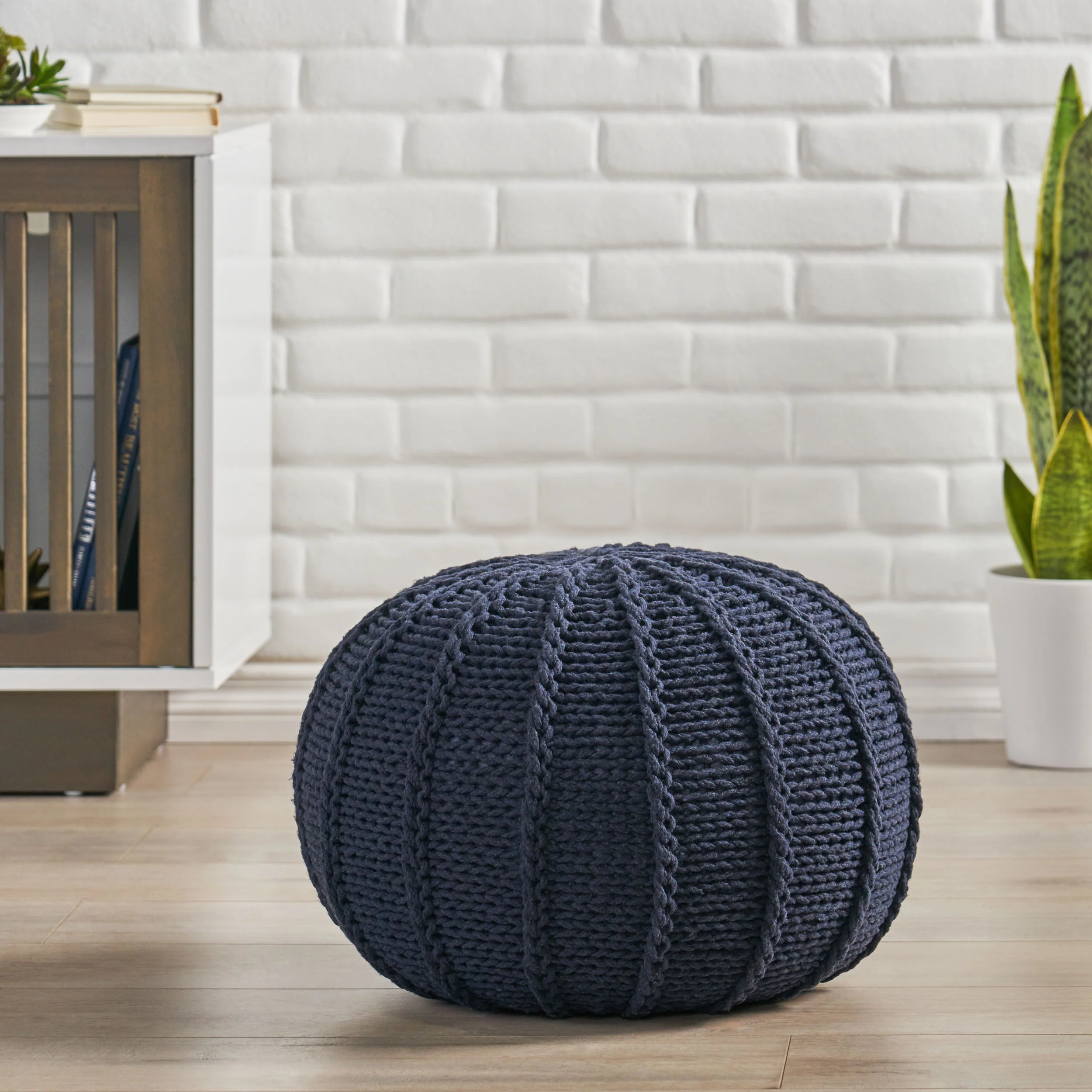 Agatha Modern Knitted Cotton Round Pouf - furnishings