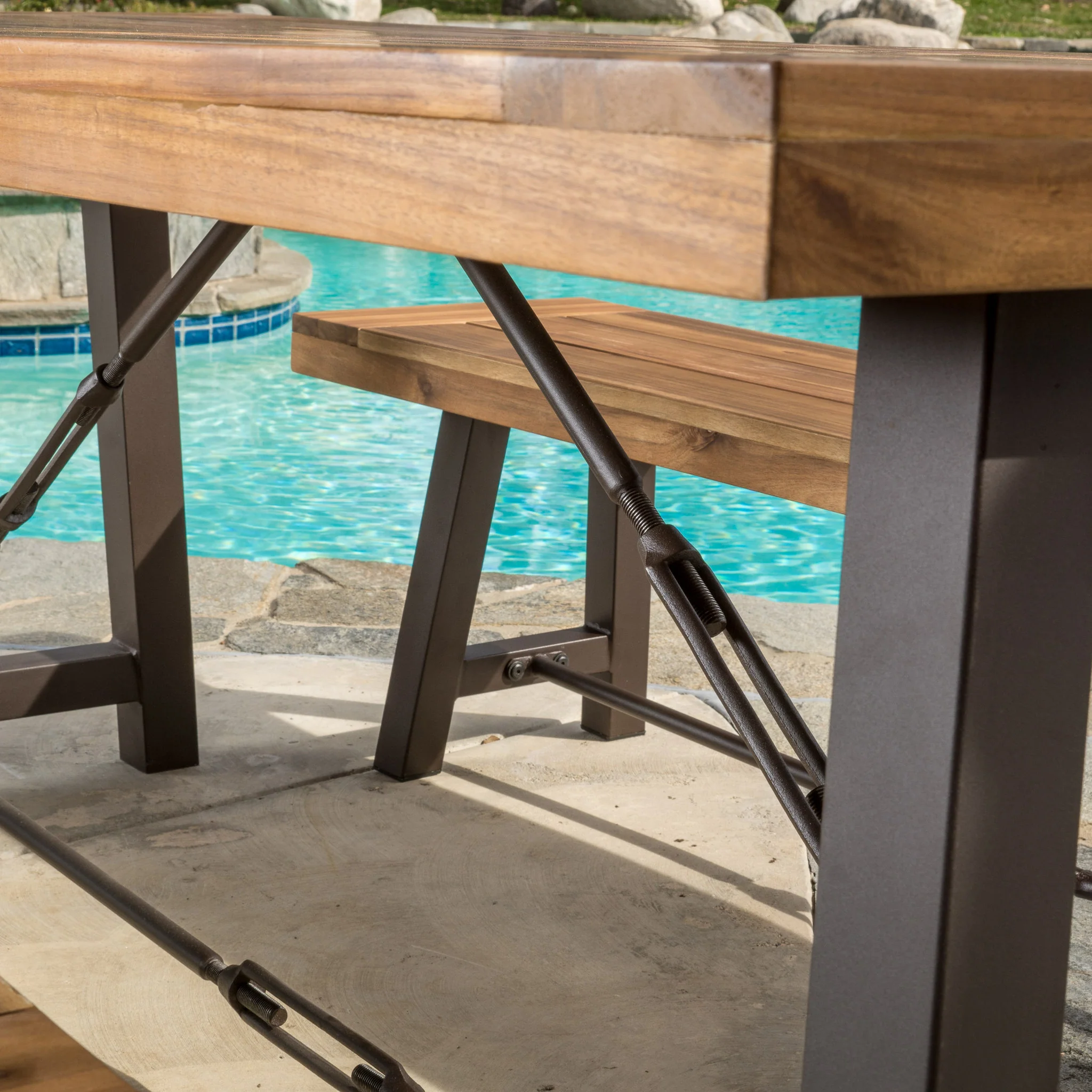 Rosario Rustic Industrial Outdoor Teak Finish Acacia Wood Picnic Dining Set - furnishings