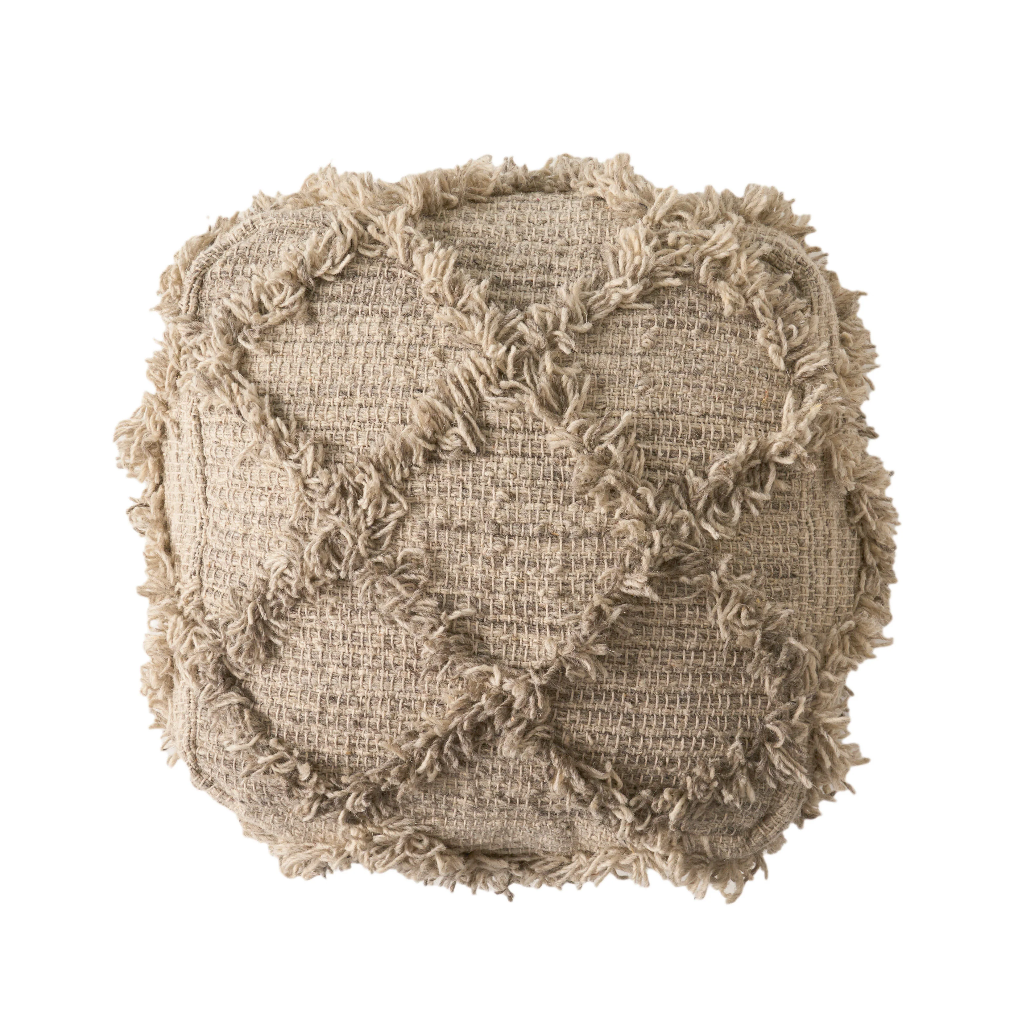 Viraj Boho Artisan Hand Woven Wool and Cotton Cube Pouf - furnishings