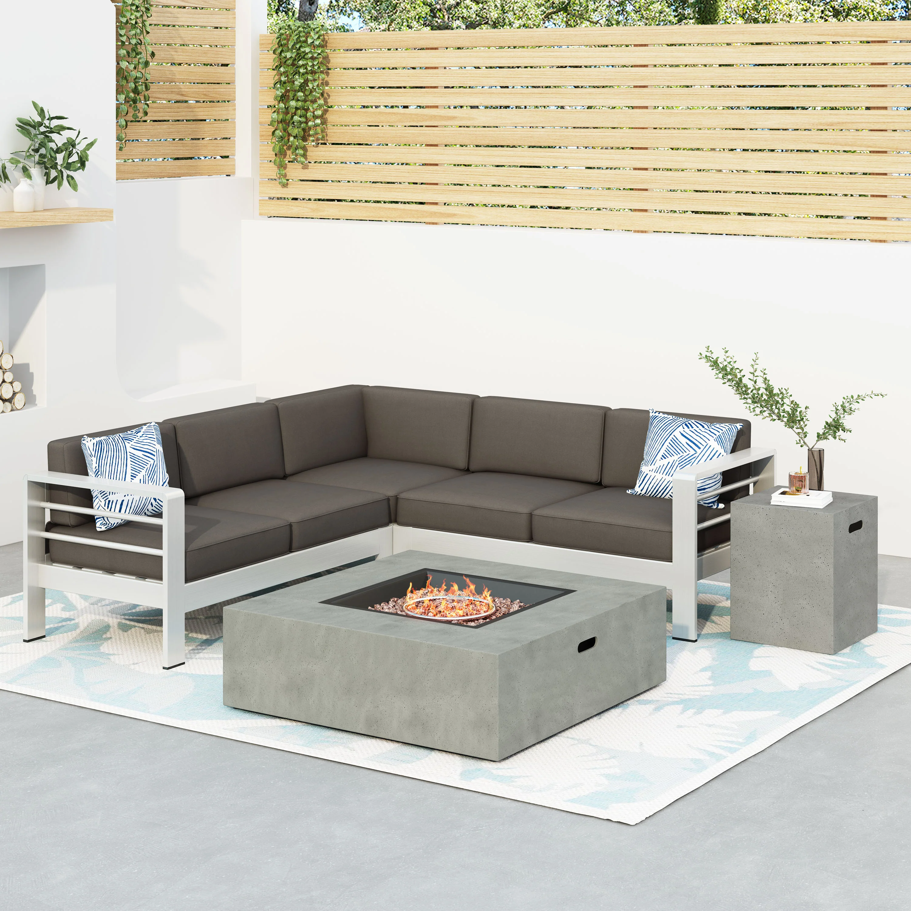 Crested-Bay V-shape Outdoor Fire Table Sofa Set - furnishings