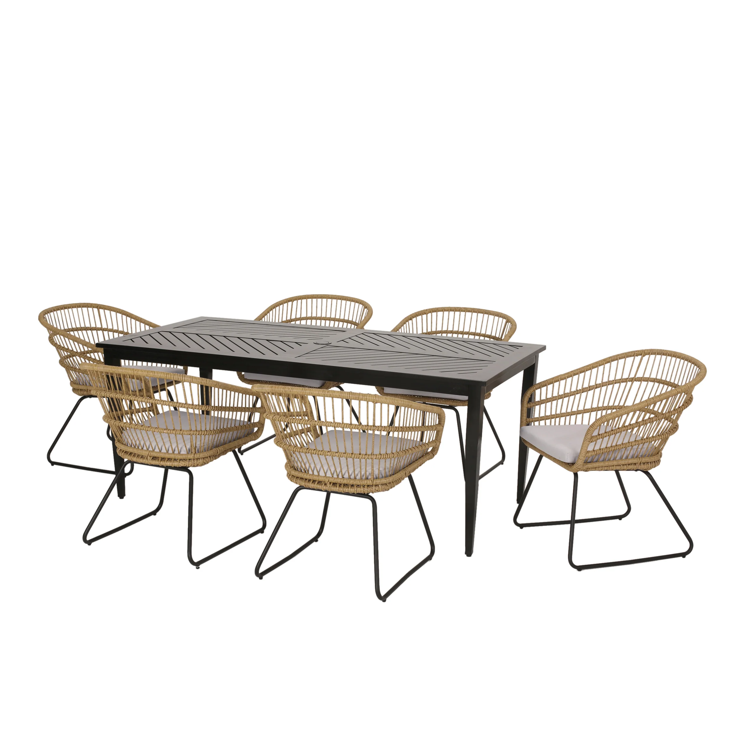 Bernay Outdoor Wicker and Aluminum 7 Piece Dining Set with Cushion, Light Brown, Beige, and Black - furnishings
