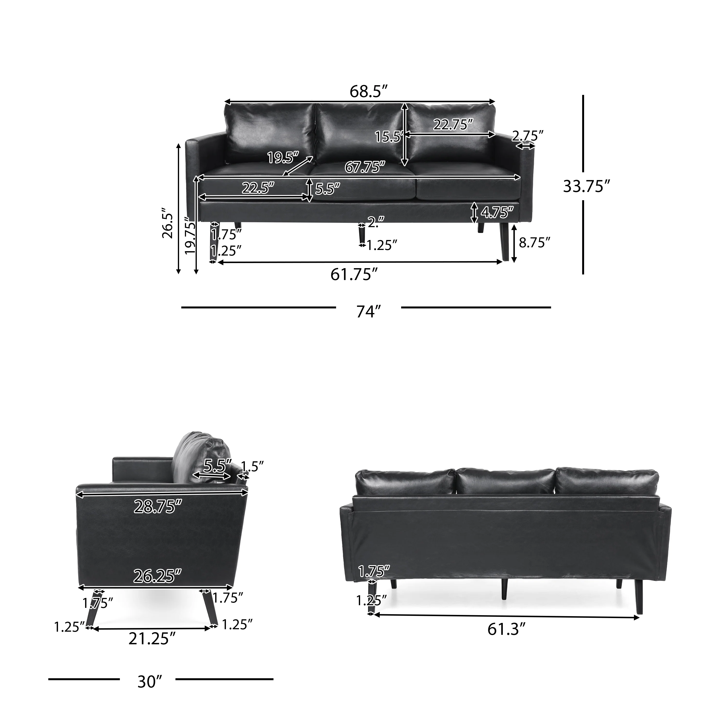 Dowd Mid Century Modern Faux Leather 3 Piece Living Room Sofa Set - furnishings