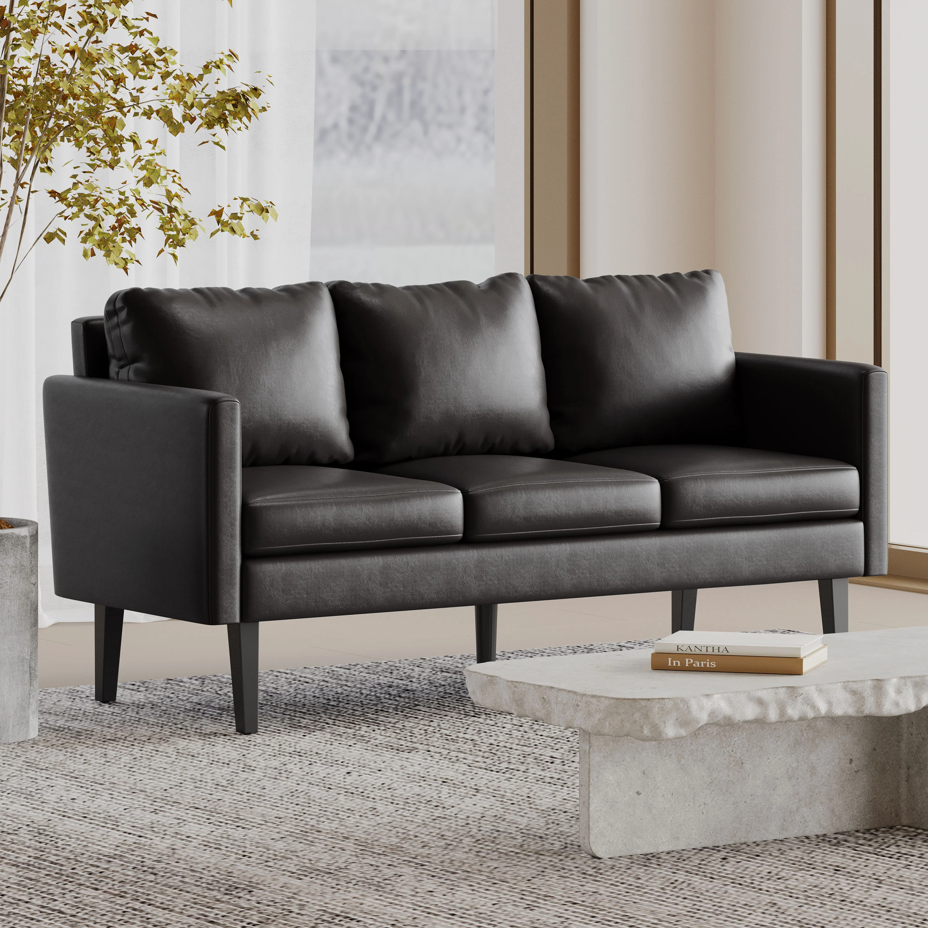 Dowd Mid Century Modern Faux Leather 3 Seater Sofa - furnishings