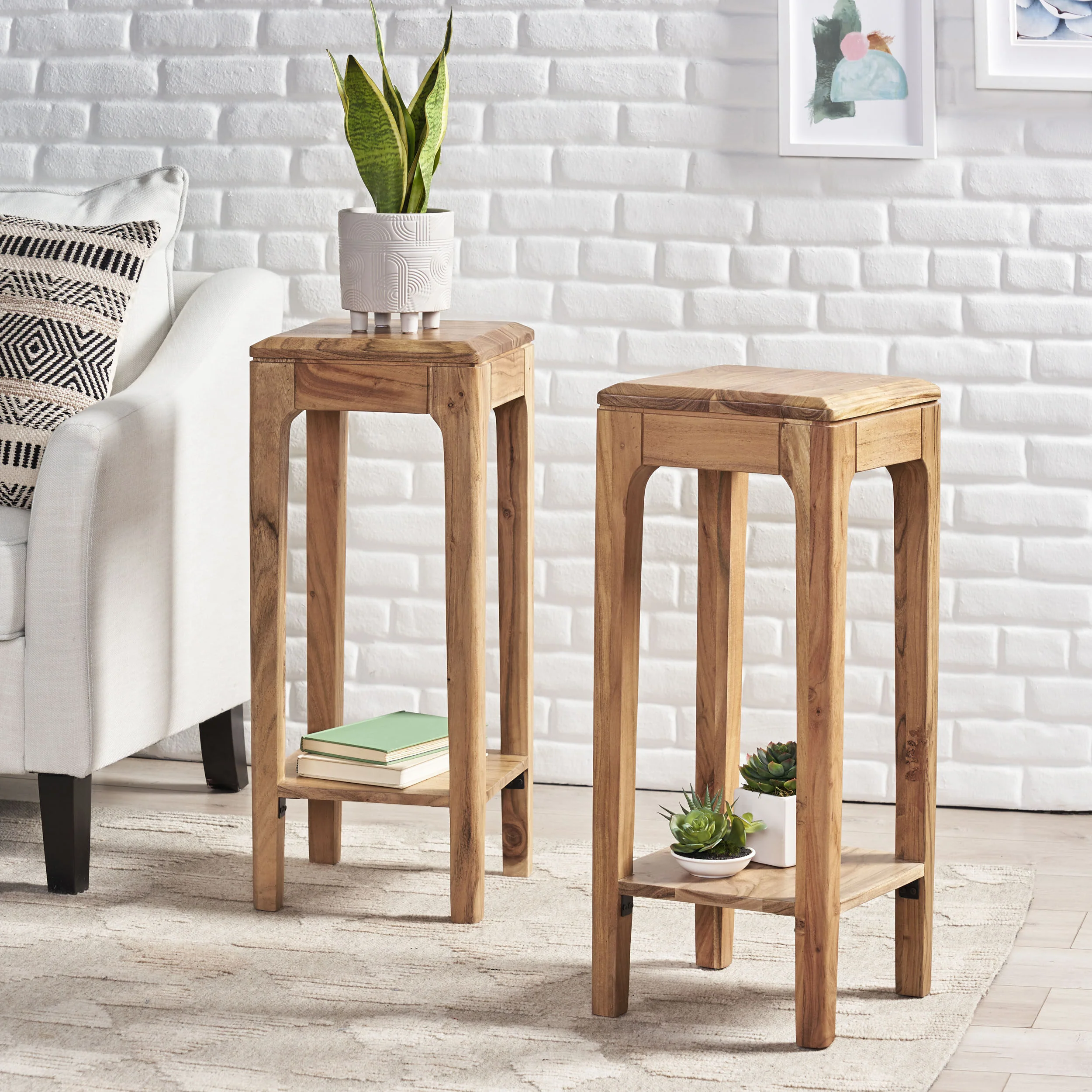Waterford Haralson Handcrafted Mid-Century Modern Acacia Wood Plant Stand, Set of 2 - furnishings