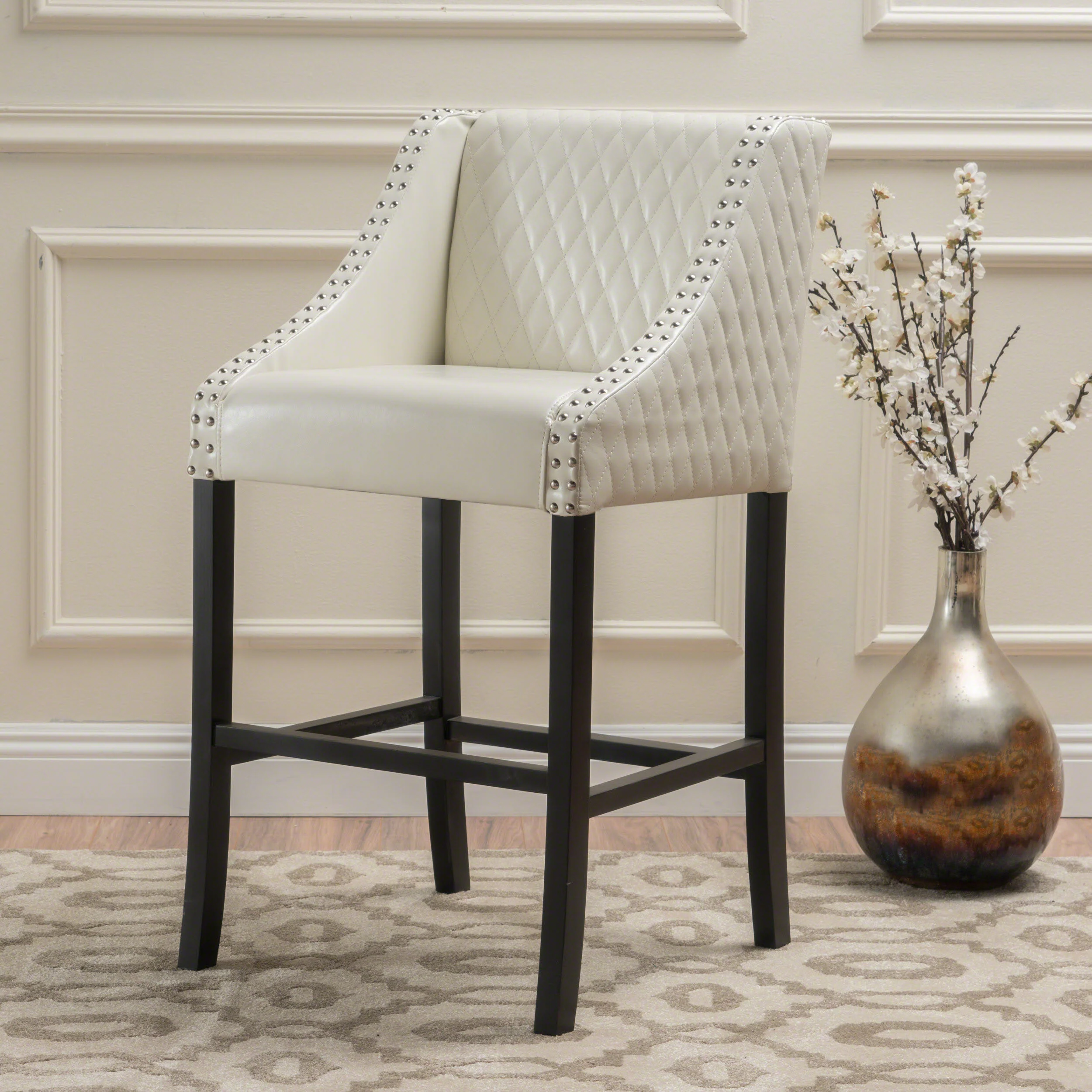 Filton Contemporary Quilted Ivory Leather Counterstool with Nailhead Accents - furnishings