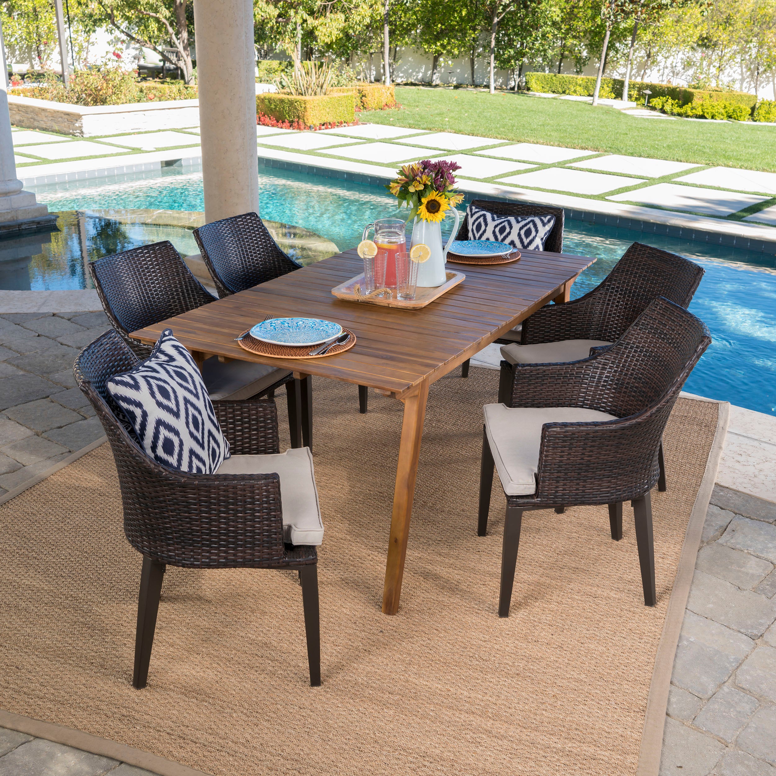 Hestor Outdoor 7 Piece Teak Finished Acacia Wood Rectangular Dining - furnishings