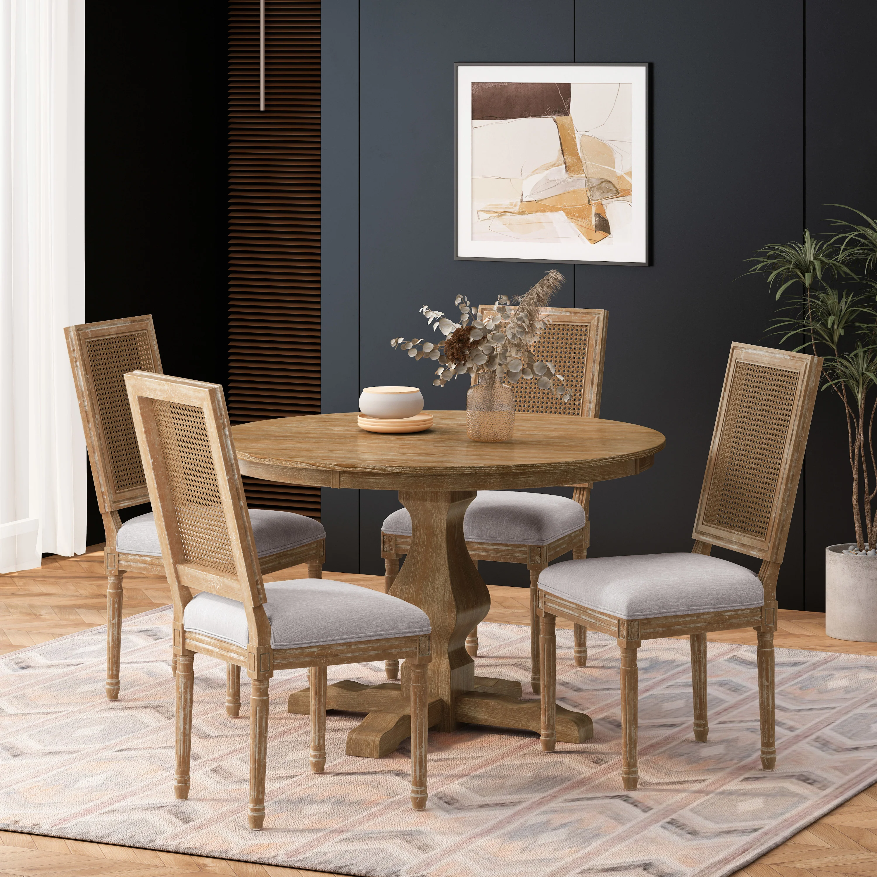 Merlene French Country Fabric Upholstered Wood and Cane 5 Piece Circular Dining Set - furnishings