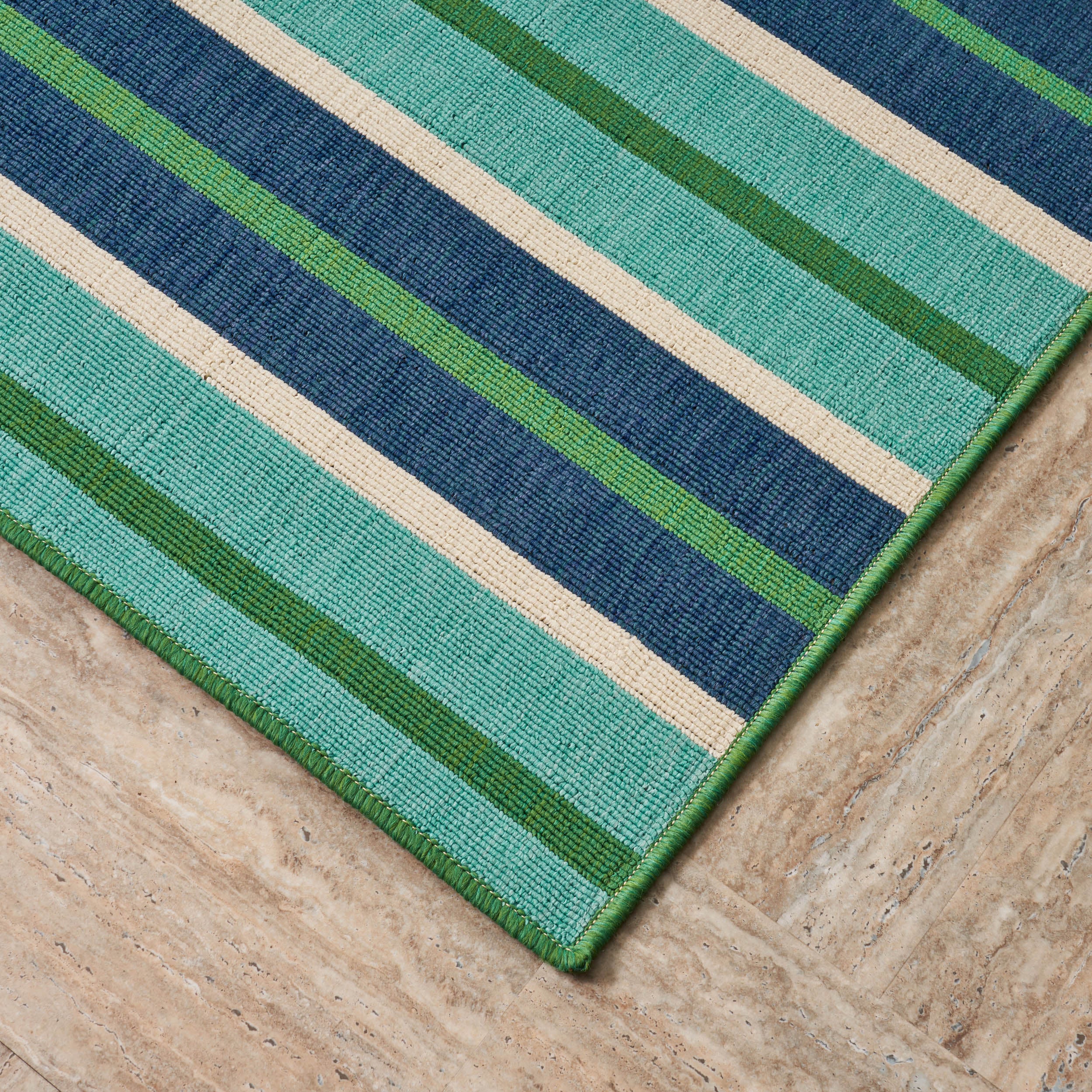 Khaidyn Outdoor Modern Striped Blue and Green Rectangular Area Rug - furnishings