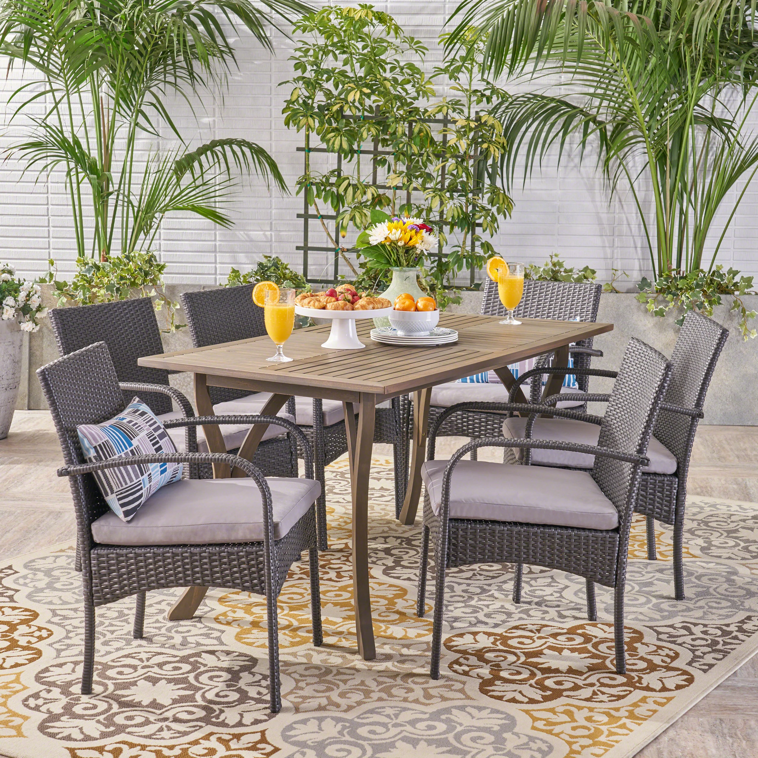 Rene Outdoor 7 Piece Wood and Wicker Dining Set, Gray and Gray - furnishings