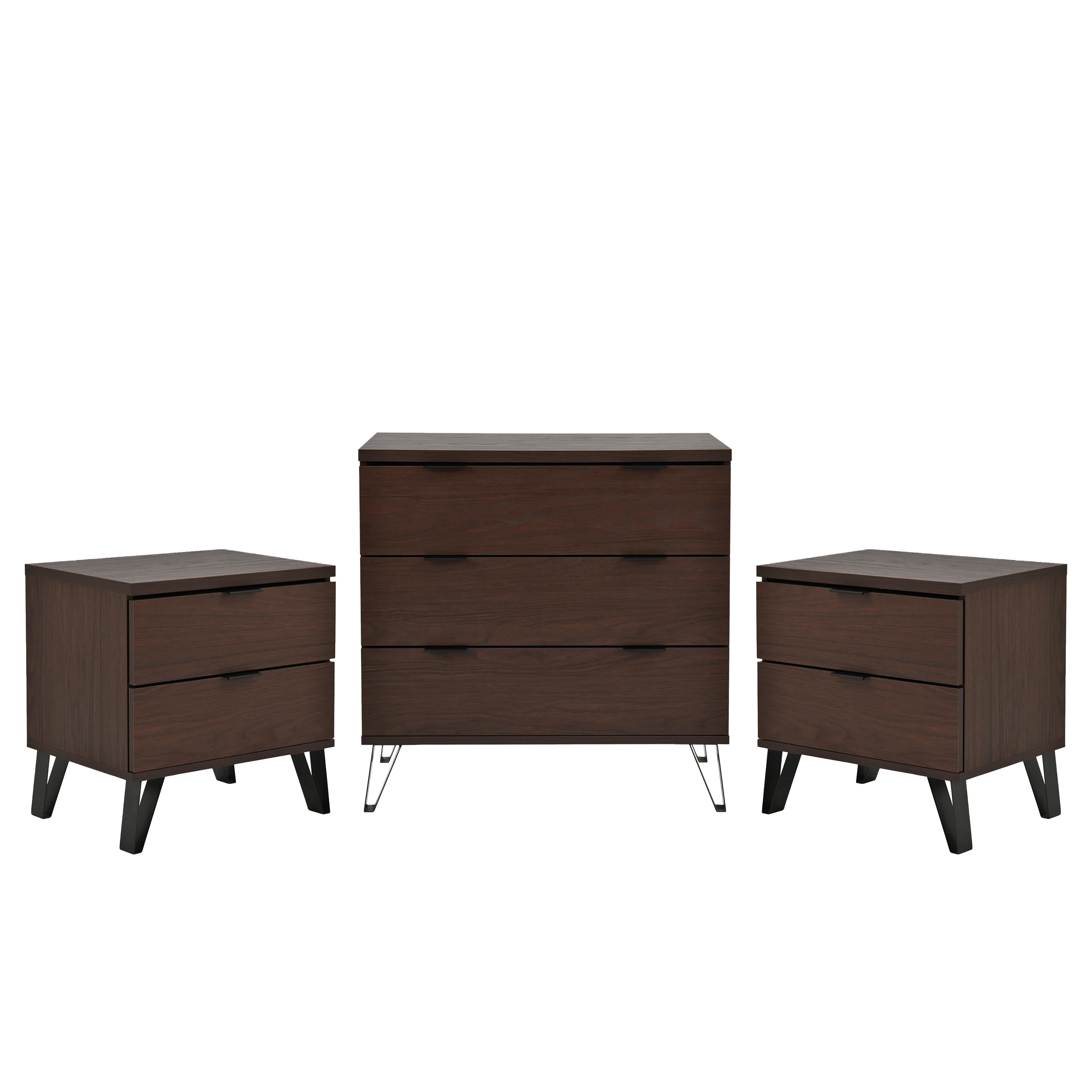 Demijen Modern Industrial 3 Piece 3 Drawer Dresser and Nightstand Bedroom Set, Walnut and Matte Black - furnishings