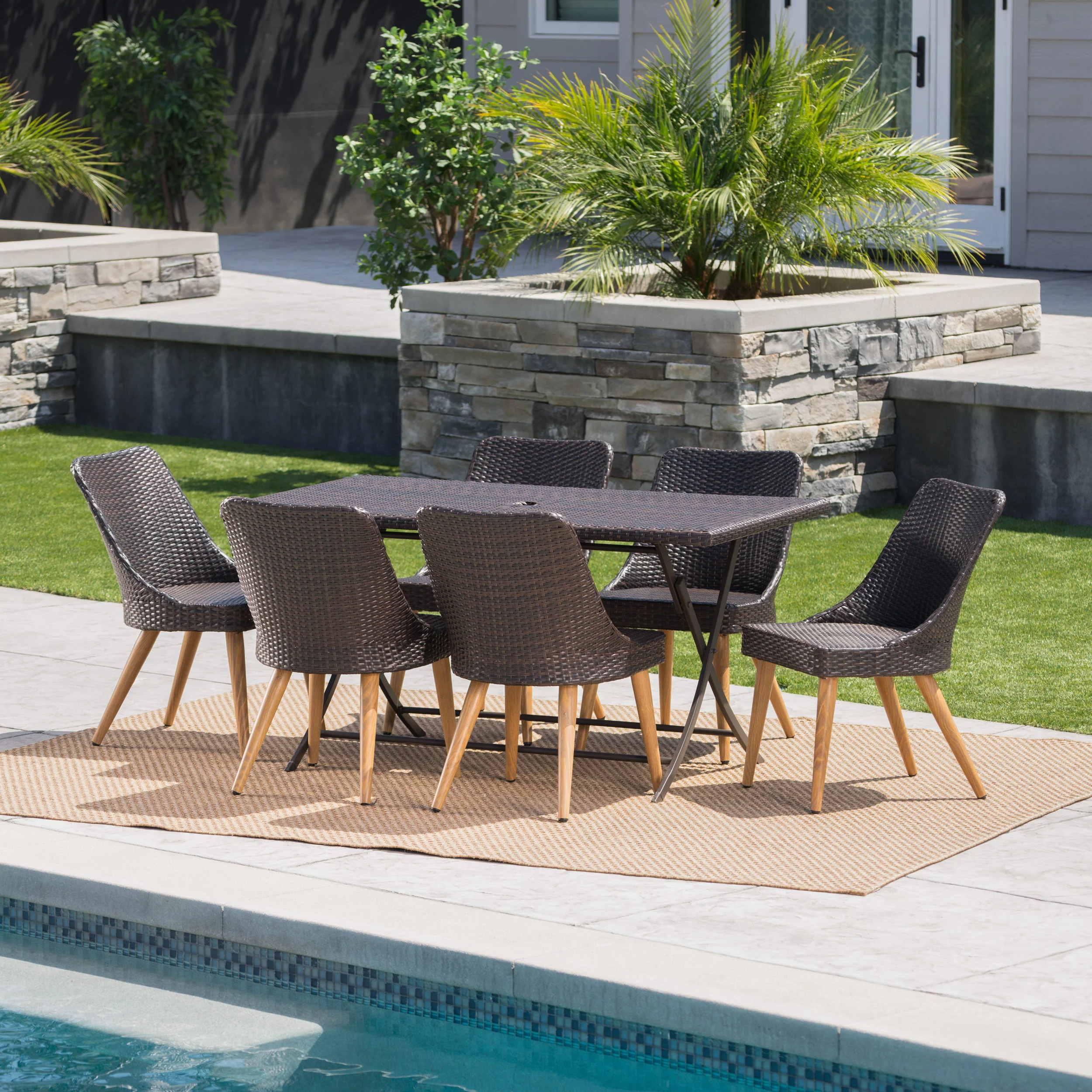 Fitzgerald Outdoor 7 Piece Multi-brown Wicker Dining Set - furnishings