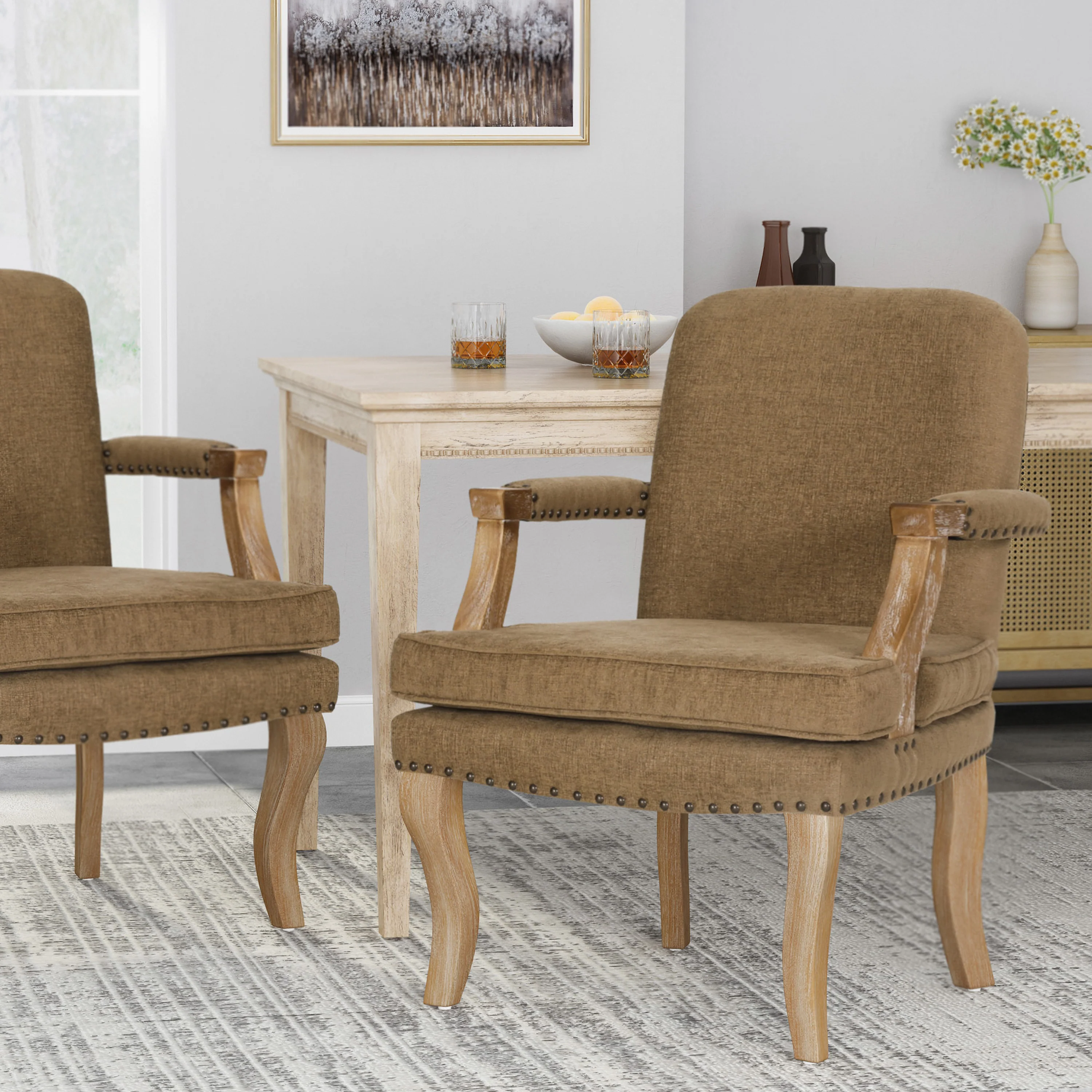Tim French Country Upholstered Dining Arm Chair with Nailhead Trim - furnishings
