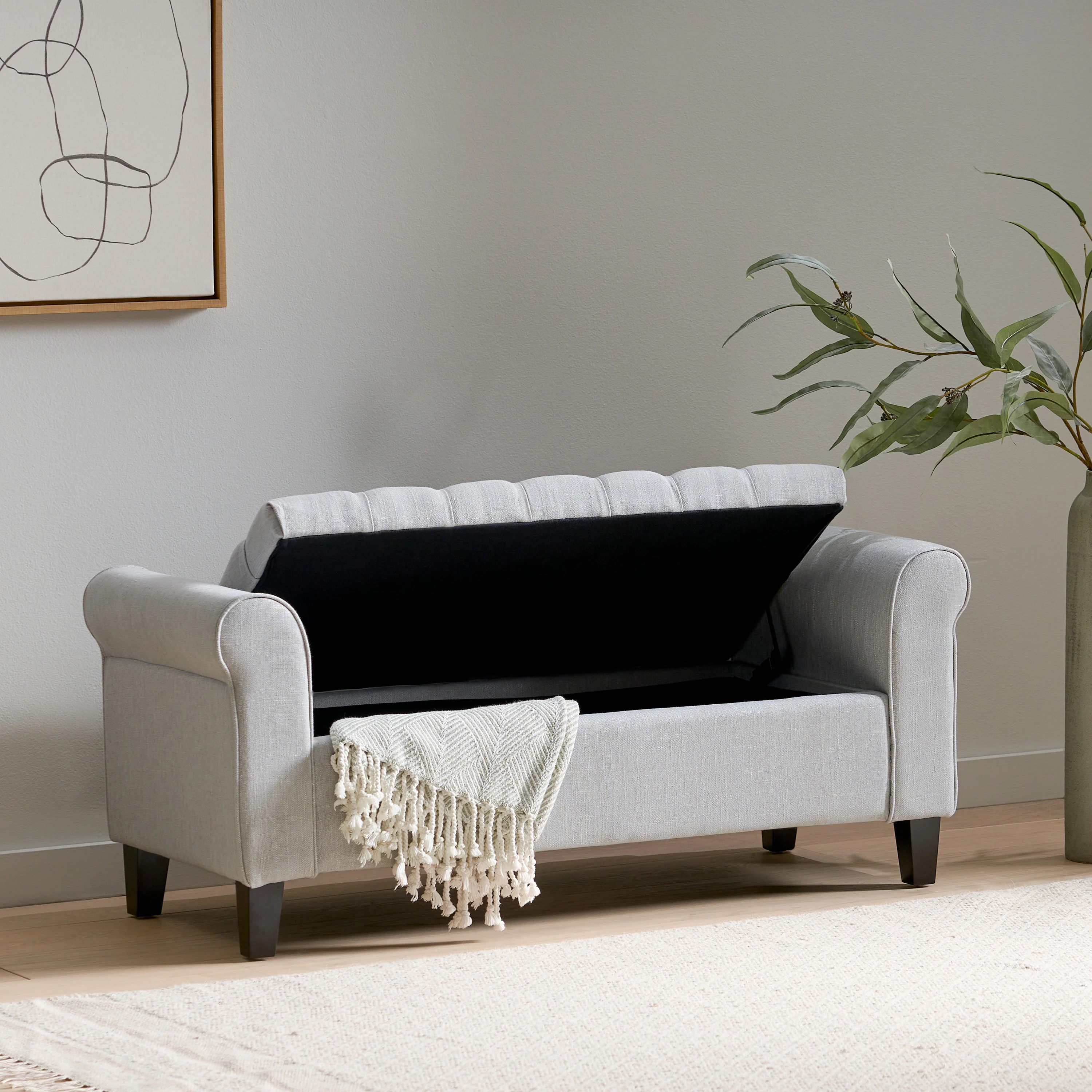 Charlemagne Rolled Arm Tufted Fabric Storage Ottoman Bench - furnishings