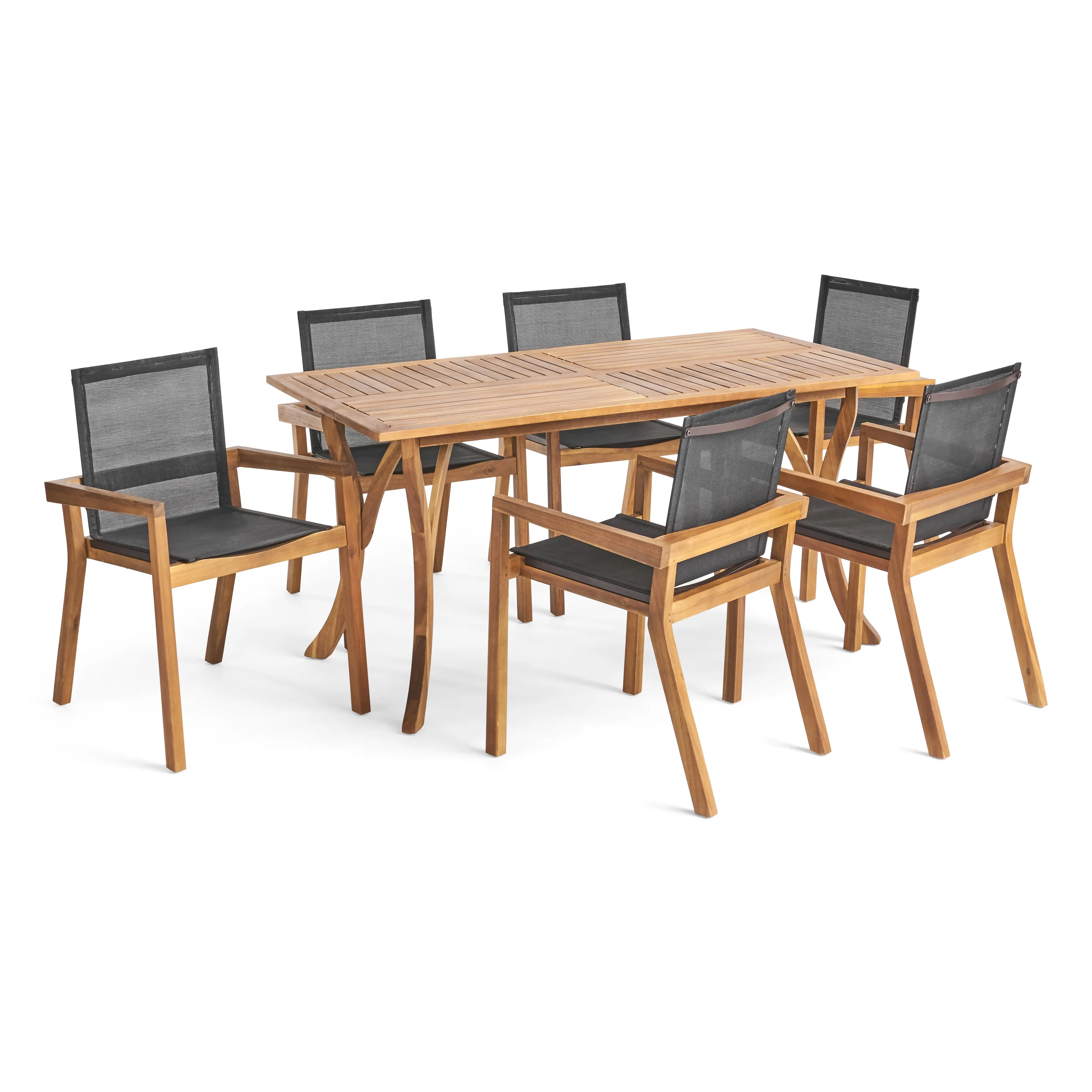 Kaur Outdoor Acacia Wood 7 Piece Dining Set with Mesh Seats - furnishings