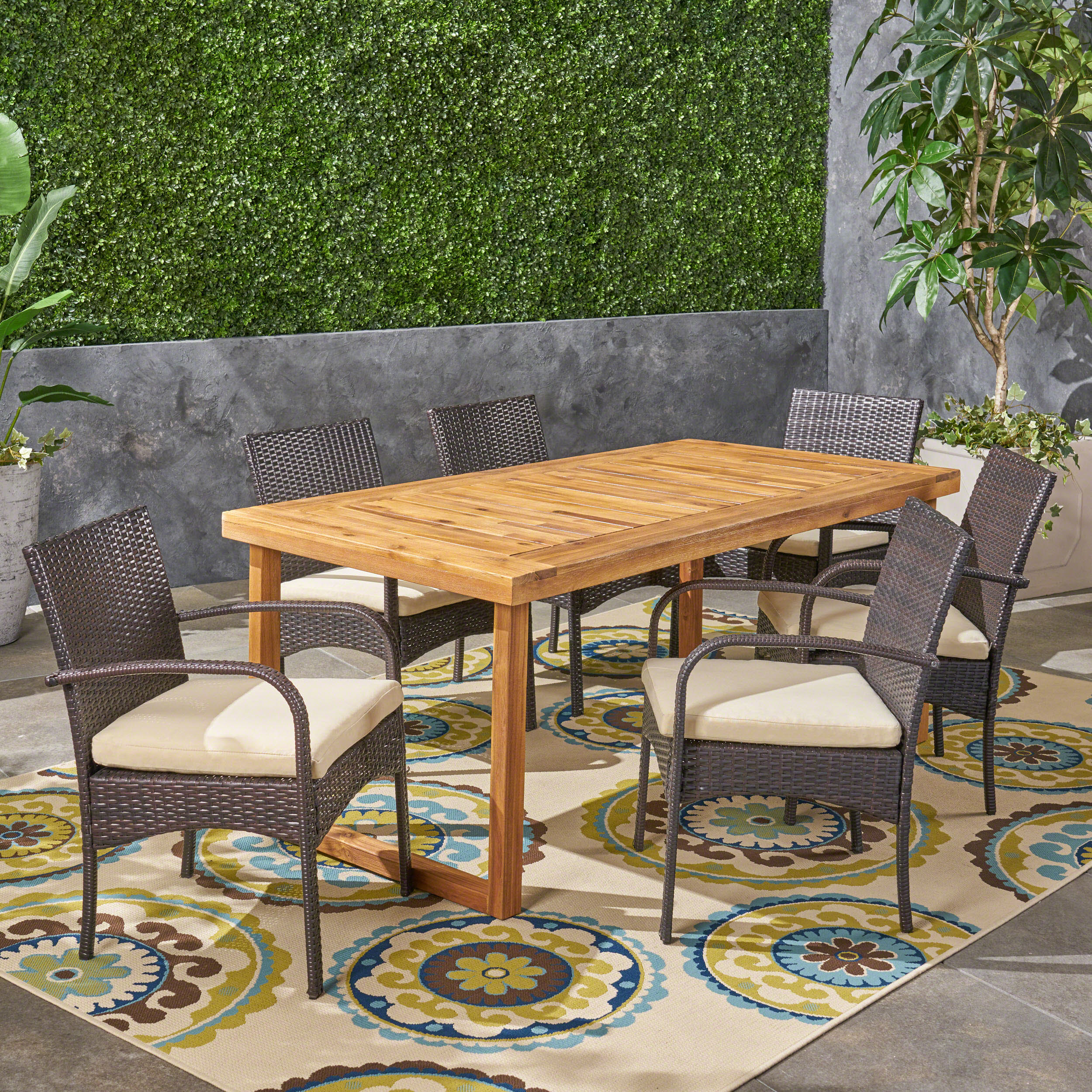 Camryn Outdoor 6-Seater Acacia Wood Dining Set with Wicker Chairs, Sandblast Natural Finish and Multi Brown and Cream - furnishings