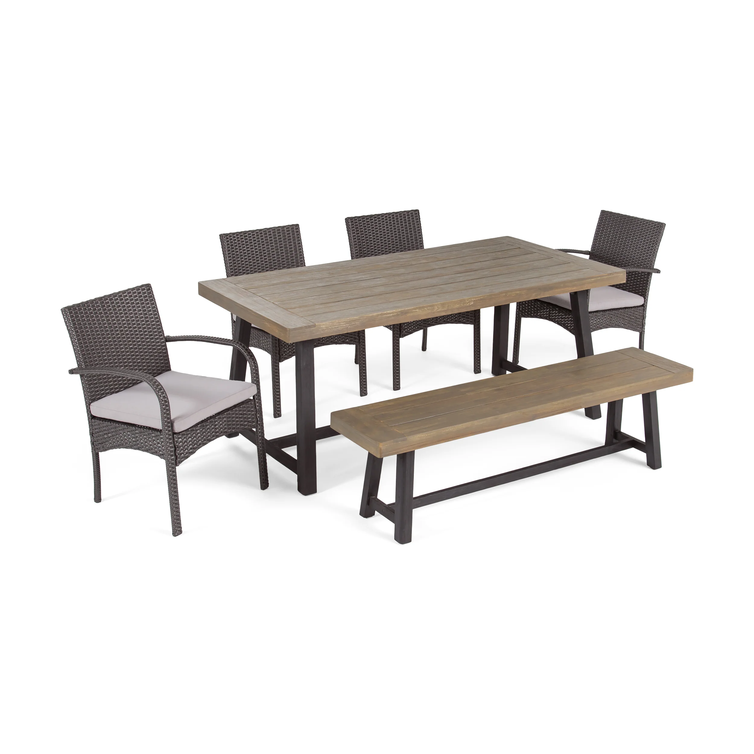 Temorah Outdoor 6 Piece Dining Set with Wicker Chairs and Bench - furnishings
