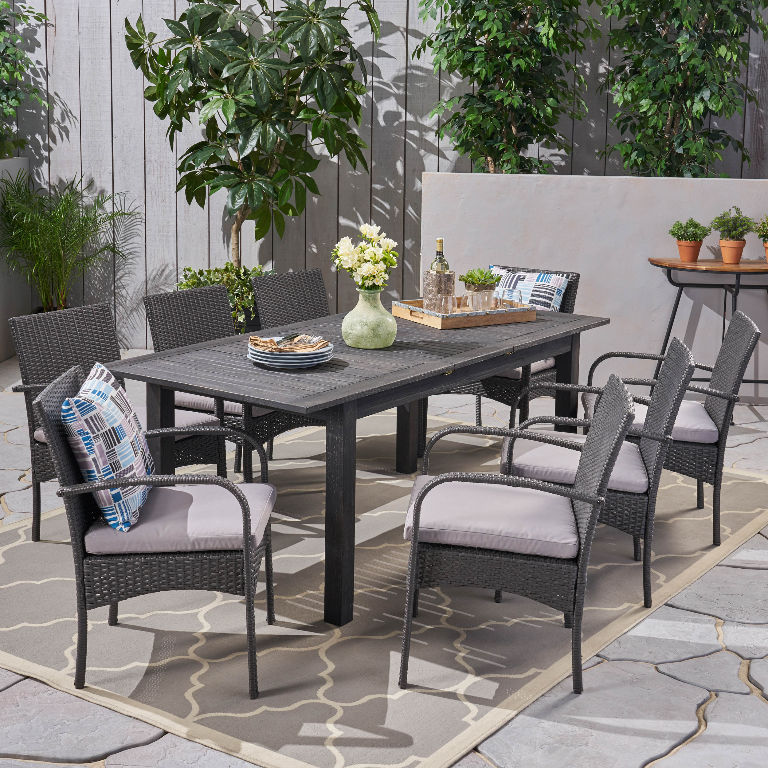 Elis Outdoor 9 Piece Wood and Wicker Expandable Dining Set - furnishings