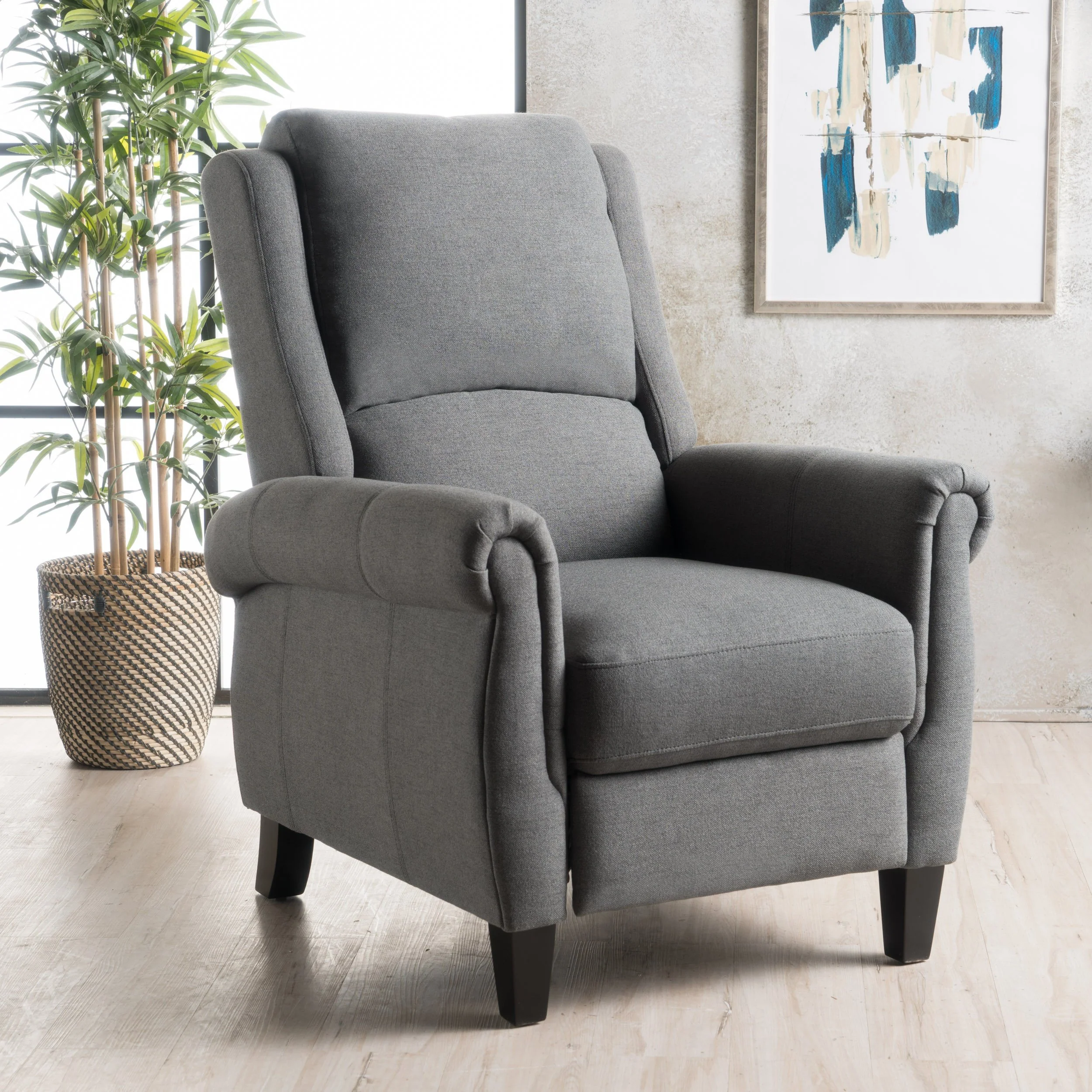 Harrah Charcoal Fabric Upholstered Push-Back Recliner with Scrolled Arms - furnishings