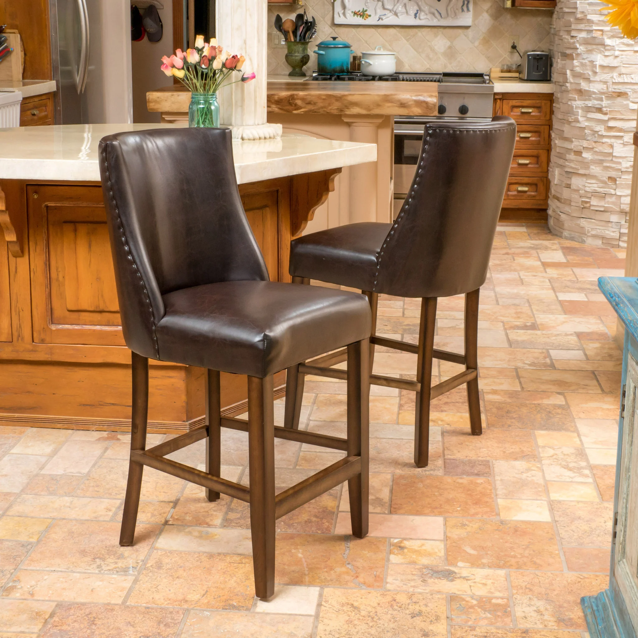 Rydel 27-Inch Brown Leather Nailhead Accent Counter Stools (Set of 2) - furnishings