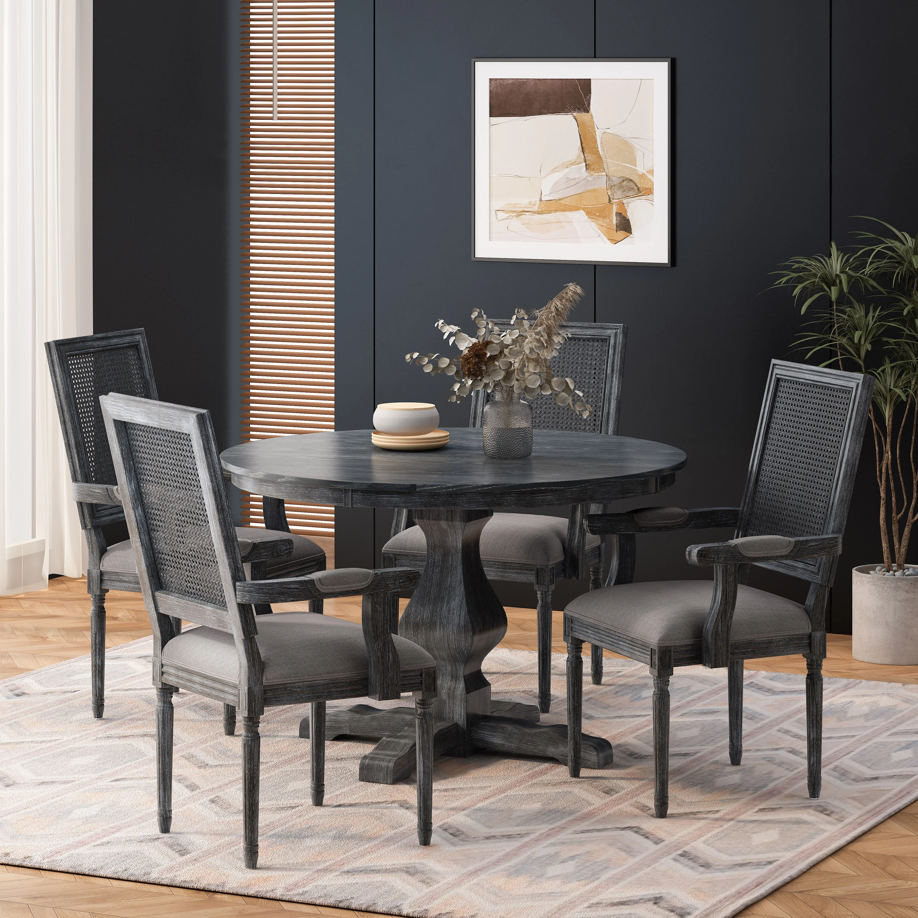 Joretta French Country Fabric Upholstered Wood and Cane 5 Piece Circular Dining Set - furnishings