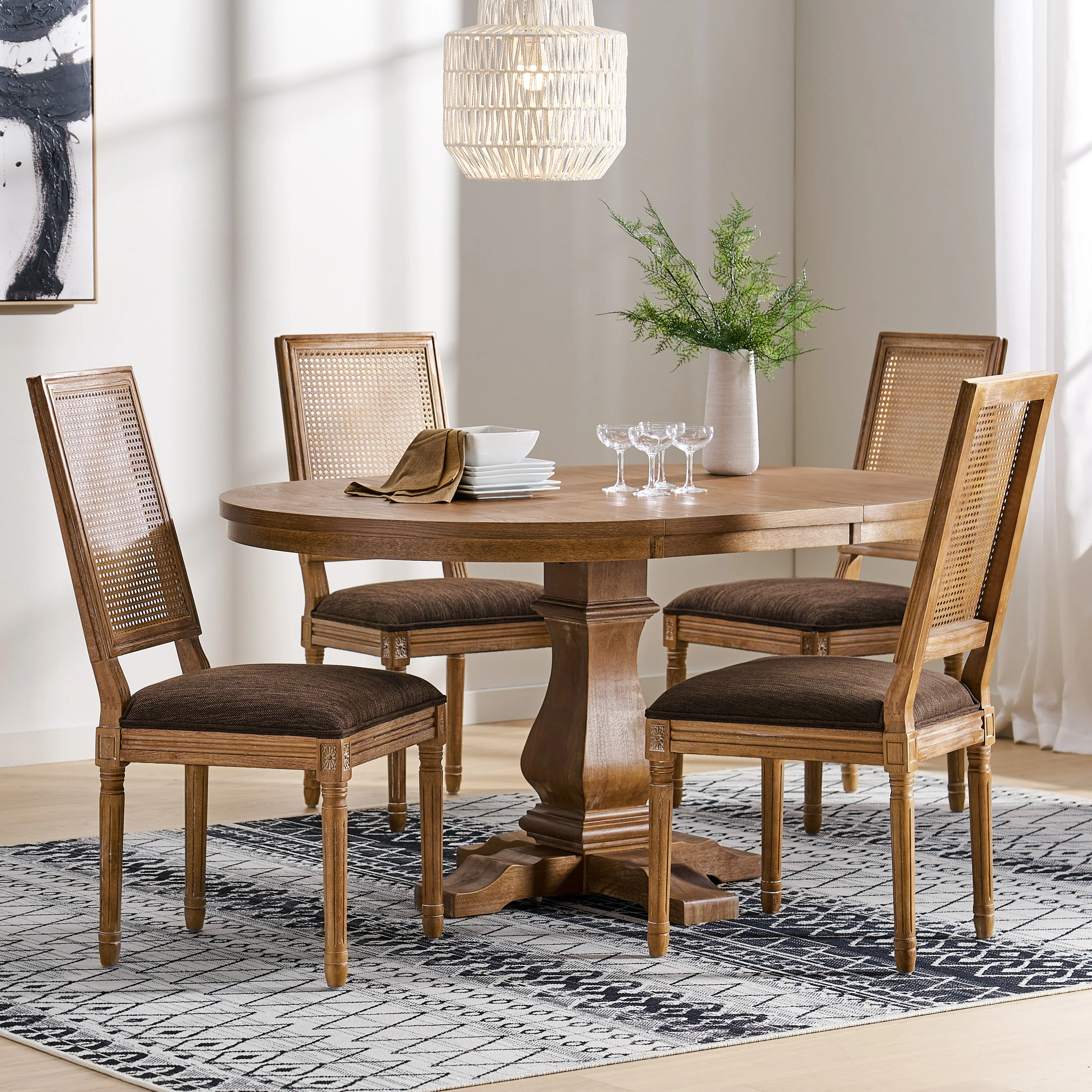 Brownell French Country Wood and Cane 5-Piece Expandable Oval Dining Set - furnishings