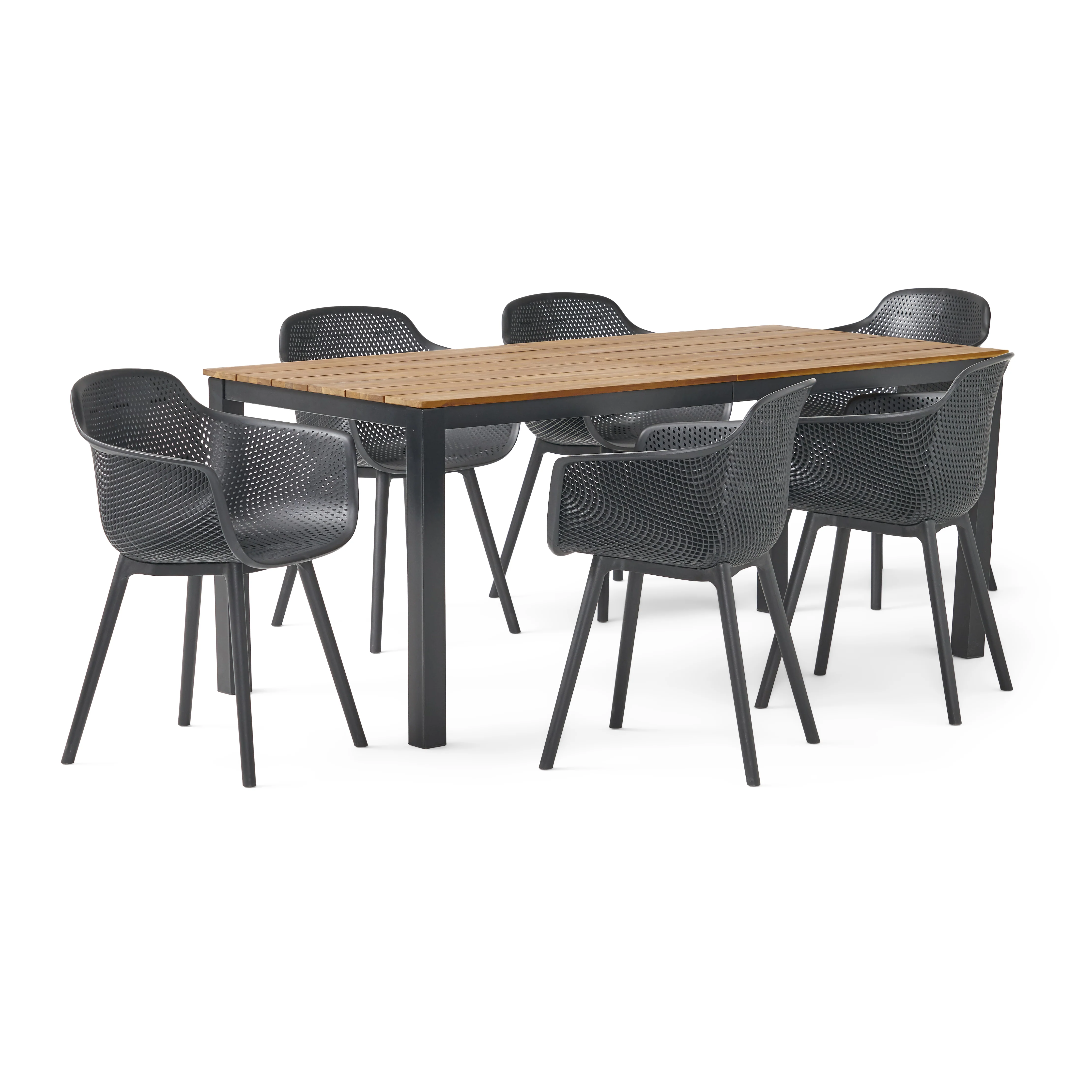 Riviera Outdoor Wood and Resin 7 Piece Dining Set, Black and Teak - furnishings