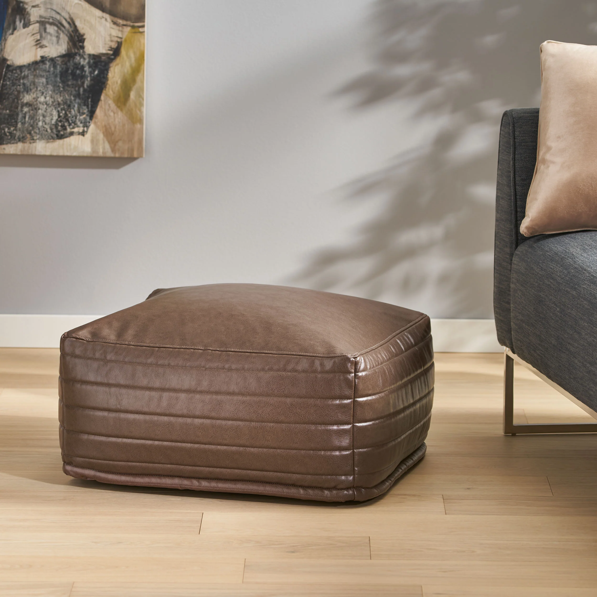 Conrail Contemporary Faux Leather Channel Stitch Pouf - furnishings