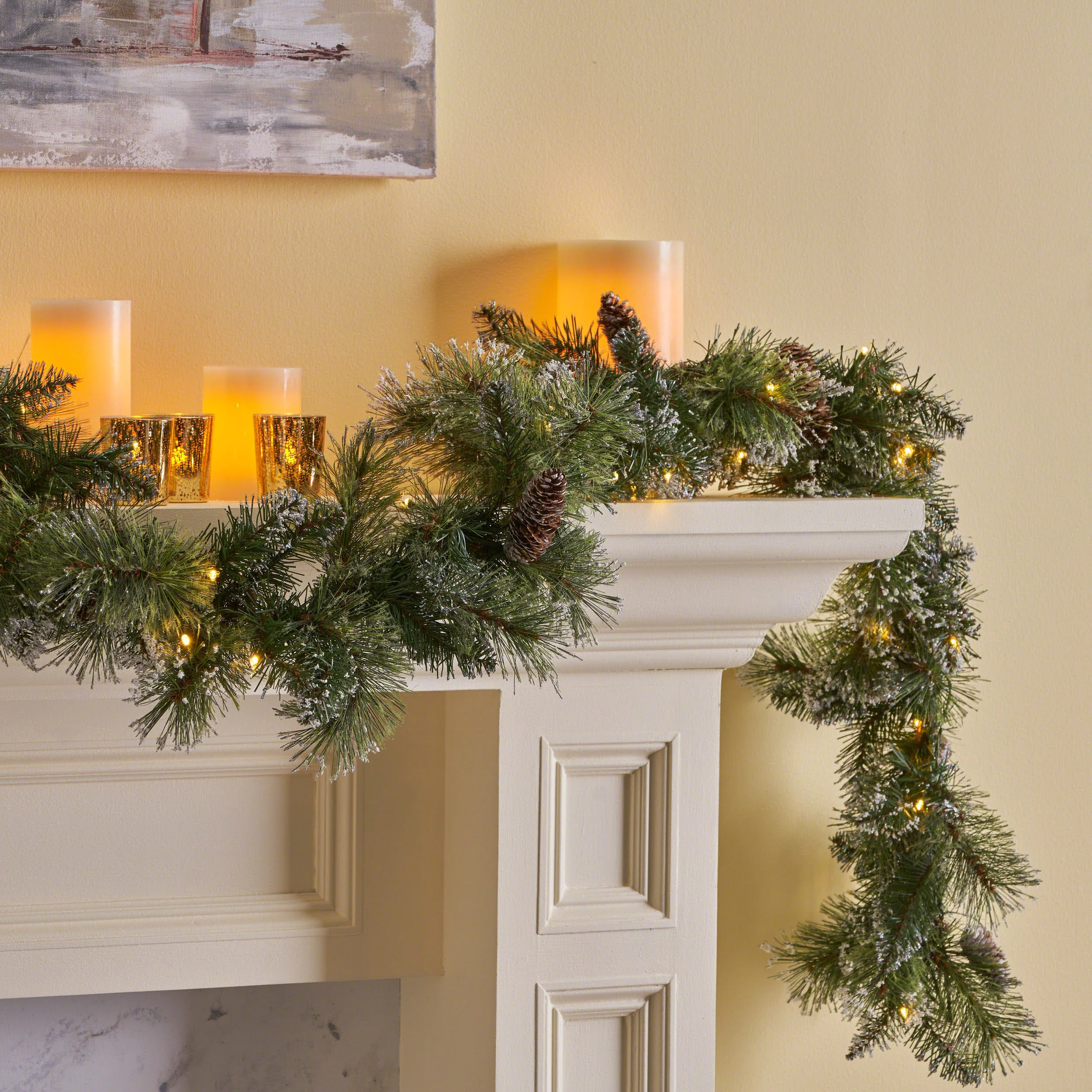 9-foot Cashmere Pine and Mixed Needle Pre-Lit Warm White LED Artificial Christmas Garland with Snow and Glitter Branches and Frosted Pinecones - furnishings